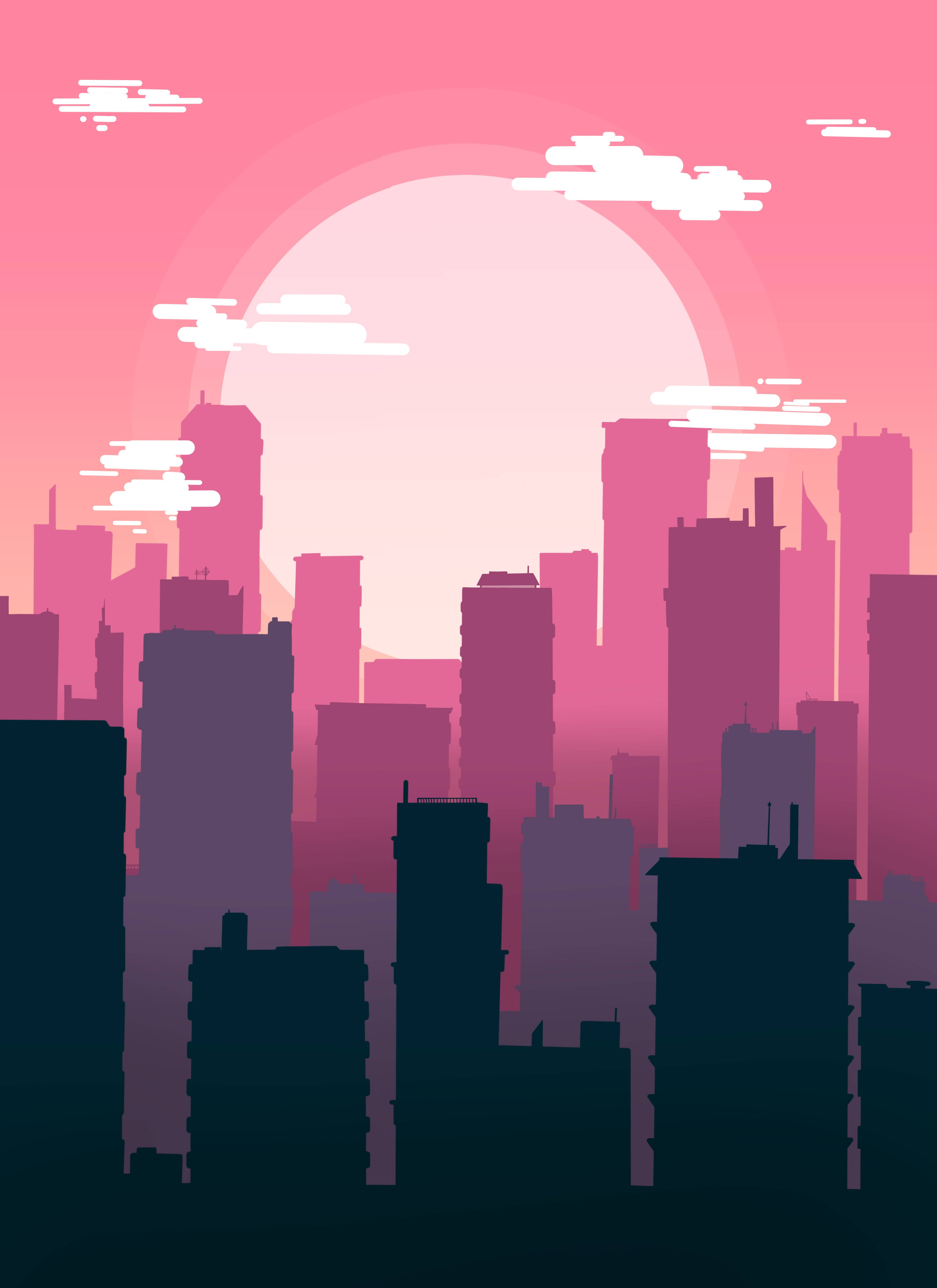 Cityscape 桌布 壁紙 — 風格化的城市天際線在日落時分，帶有粉紅色和紫色的漸變以及白色的雲朵，映襯著發光的太陽。