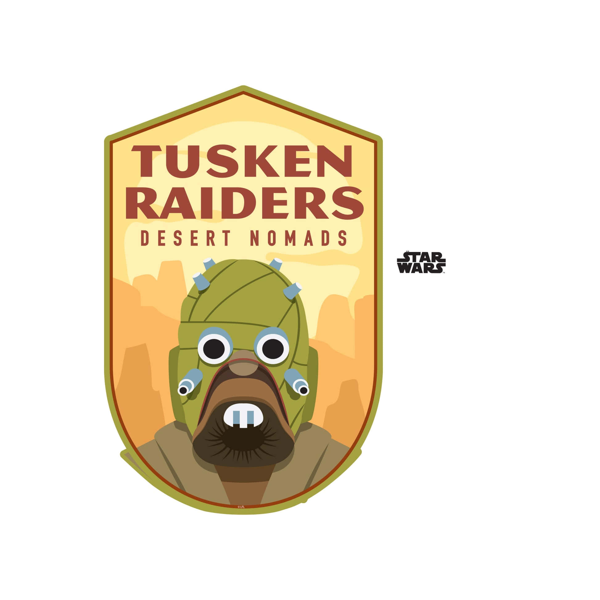 Tusken Raiders 桌布 壁紙 — 風格化的塔斯肯襲擊者標誌，帶有粗體文字和溫暖色調的沙漠背景。