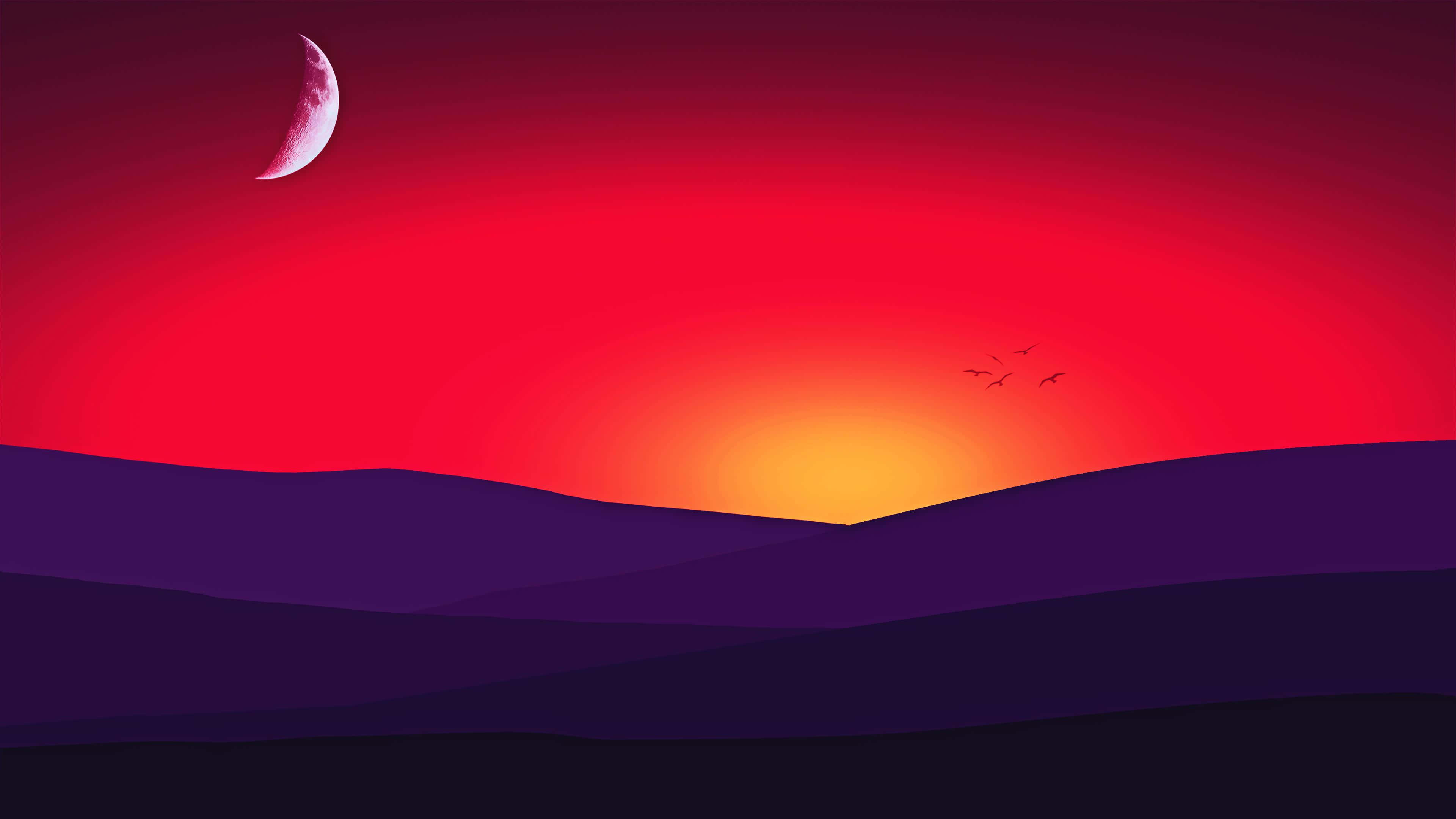 Minimalist Sunset 桌布 壁紙 — 風格化的日落，紫色山丘上有一彎新月和飛鳥，映襯著火紅的天空。