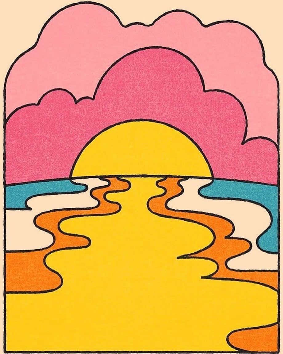 Psychedelic 70s Aesthetic 桌布 壁紙 — 風格化的日落，黃色的太陽在粉紅色的雲朵和波浪狀的橙色水面倒影之上。