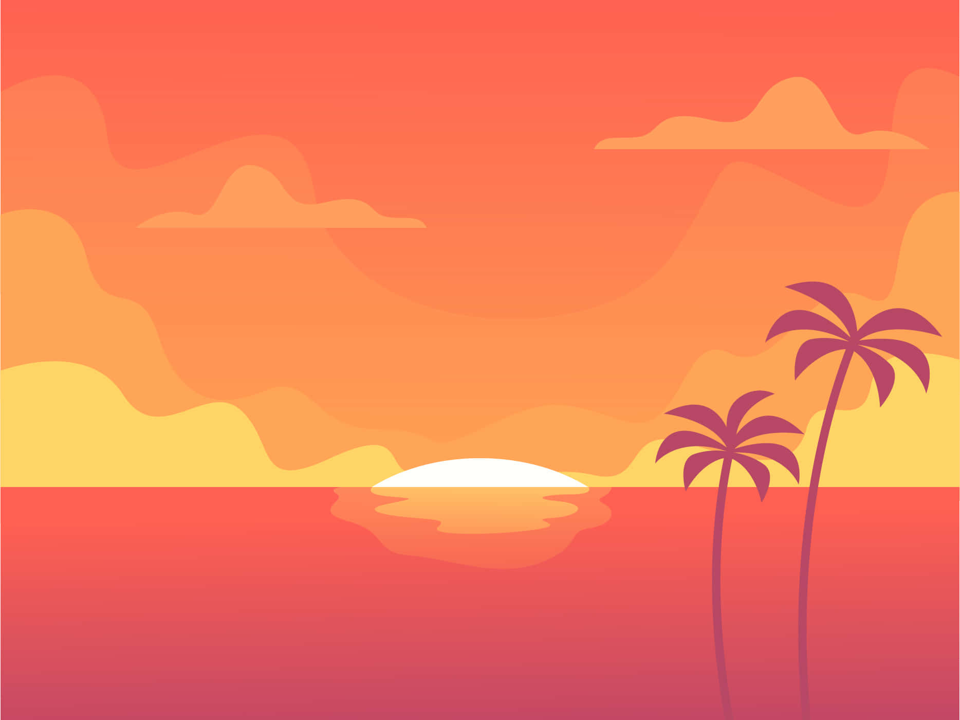 Sunset Ocean 桌布 壁紙 — 風格化的熱帶日落，棕櫚樹在橙色、粉紅色和黃色的漸變天空下形成剪影。