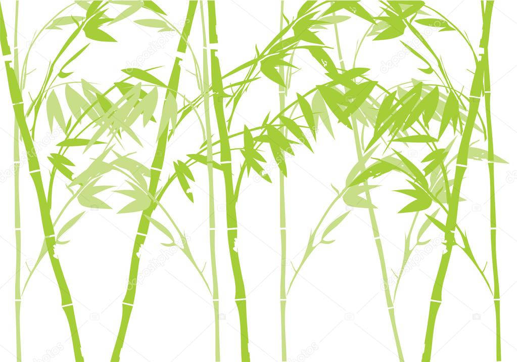 HD 桌布 壁紙 — 風格化的竹莖與層疊的綠葉，在潔淨的白色背景上營造出寧靜的極簡圖案。