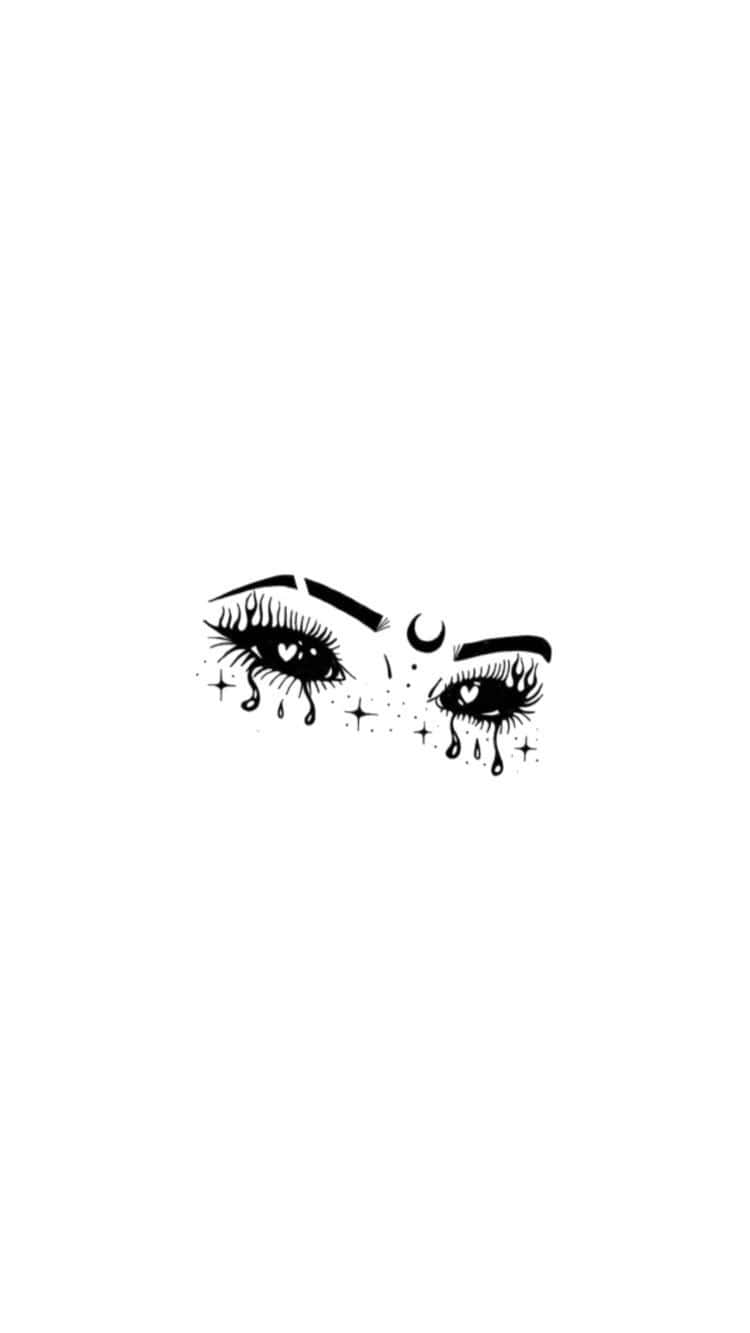 Witch Aesthetic 桌布 壁紙 — 風格化的黑白眼睛，帶有心形瞳孔和淚滴，周圍環繞著星星和彎月。