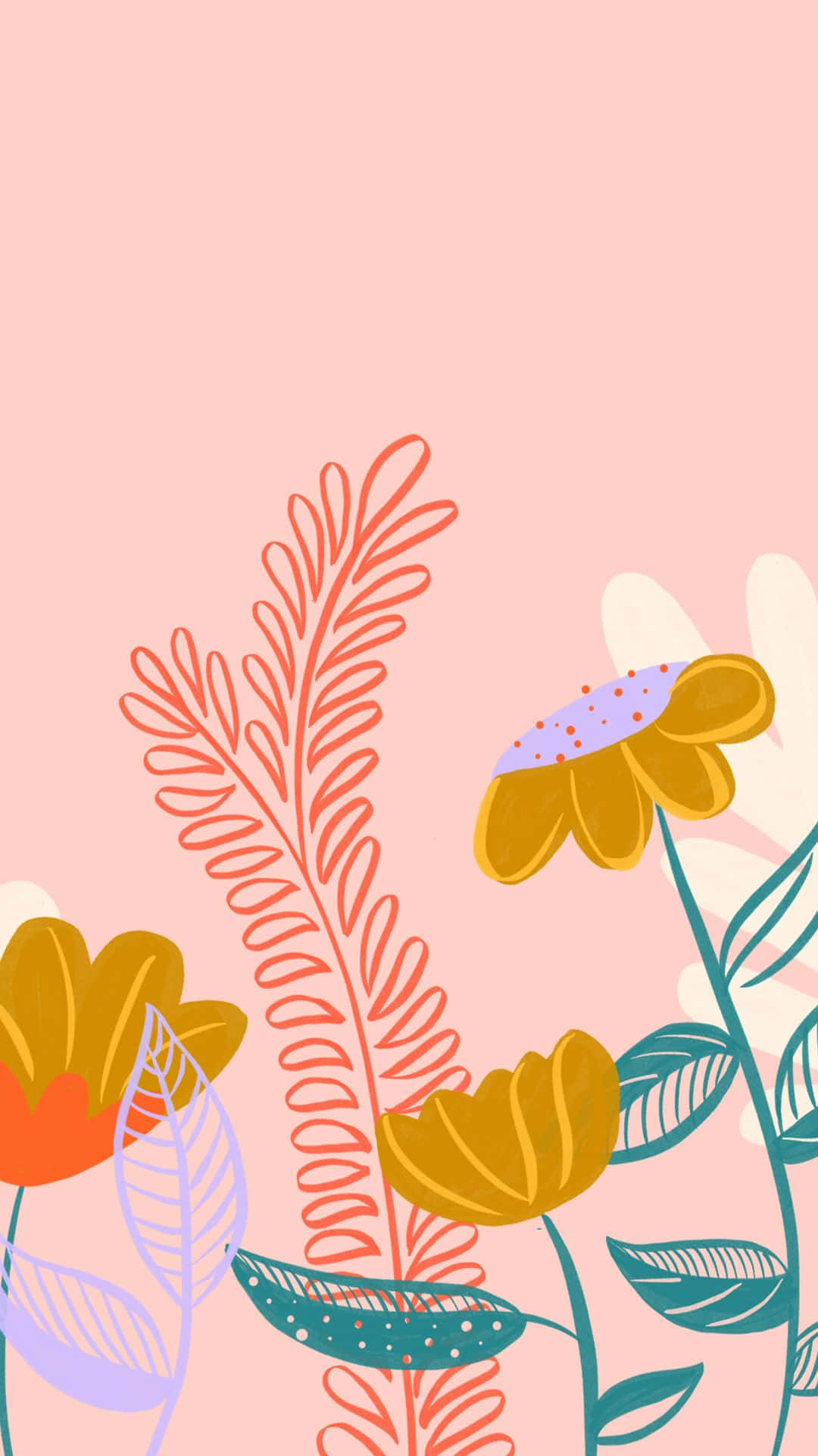 美學 iPad 壁紙 桌布 壁紙 — 風格化花卉插圖，以橙、黃、青綠色植物點綴柔粉色背景。