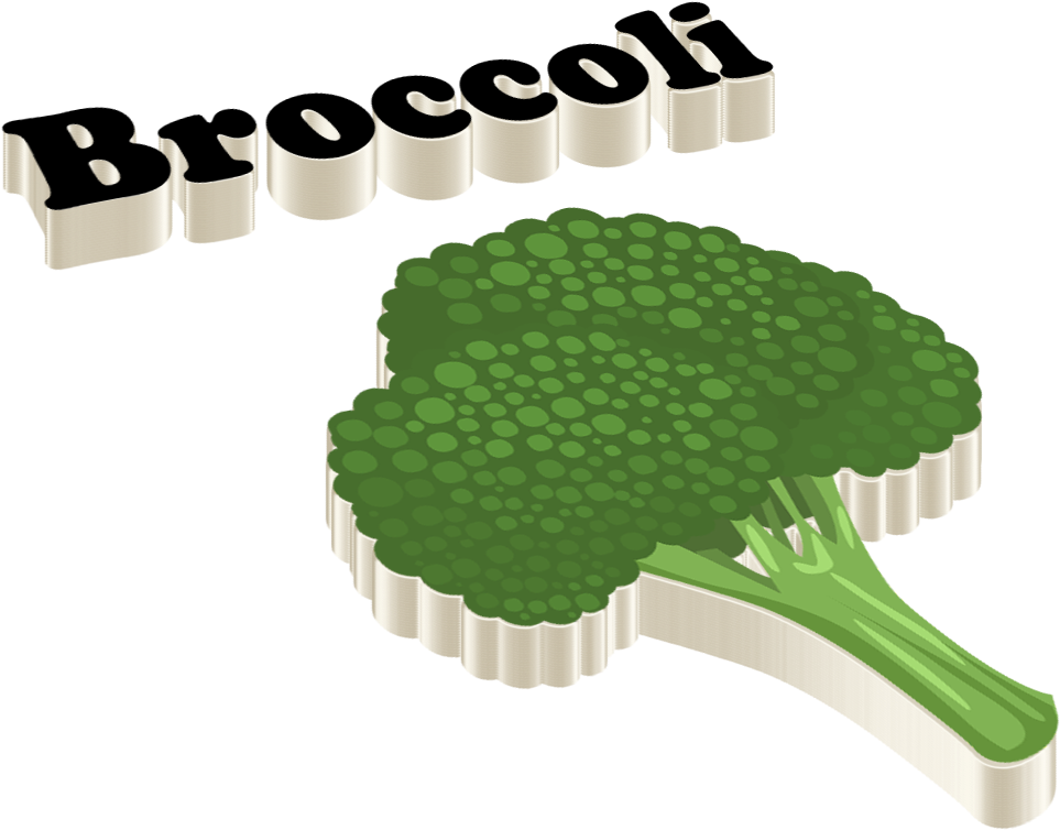 風格化西蘭花圖形 壁紙 — 一個風格化的3D西蘭花小朵，上方有文字，背景為黑色。