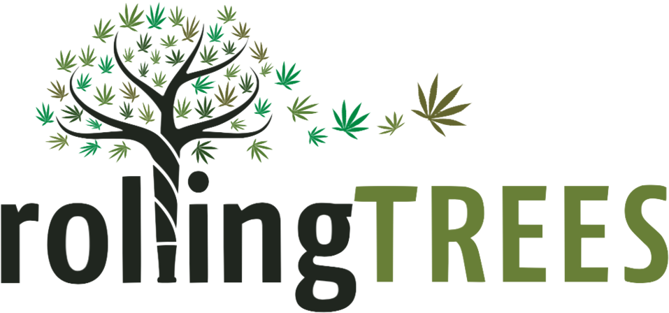 風格化開花樹標誌 壁紙 — 一棵風格化的樹，以大麻葉作為樹葉，並帶有綠色和灰色的文字 rolling TREES。
