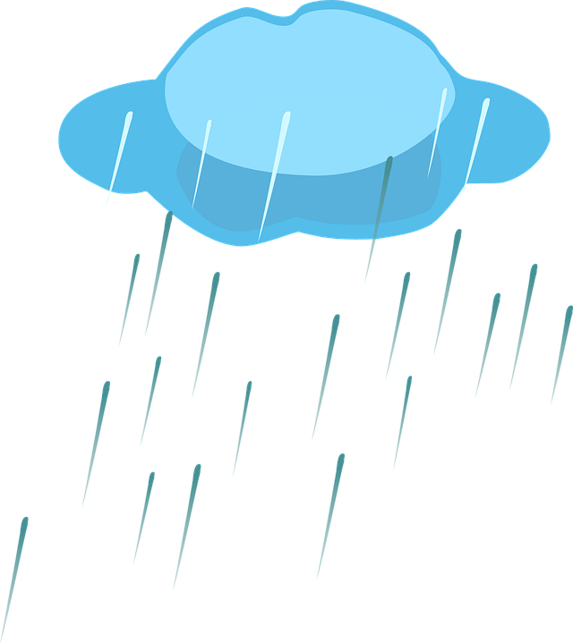 風格化雨雲插畫 壁紙 — 一個帶有白色高光的卡通藍色雲朵，在純黑背景上傾瀉著青綠色的雨滴。