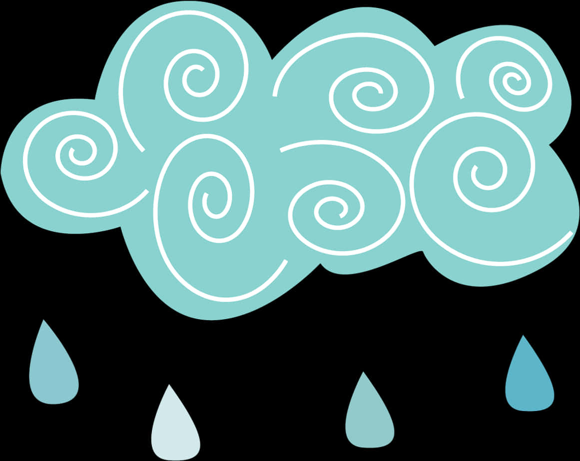 風格化雲朵與雨滴插圖 壁紙 — 一個風格化的青綠色雲朵，帶有白色漩渦，在黑色背景上滴下淺藍色雨滴。
