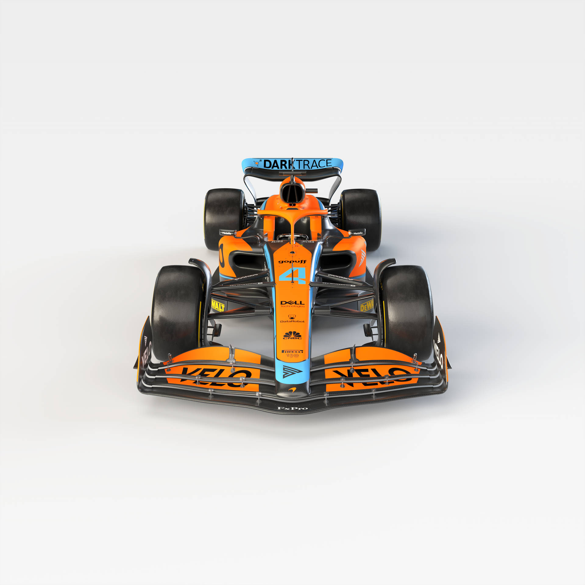橙色和黑色的 Formula 1 賽車，帶有數字 4 和贊助商標誌。
