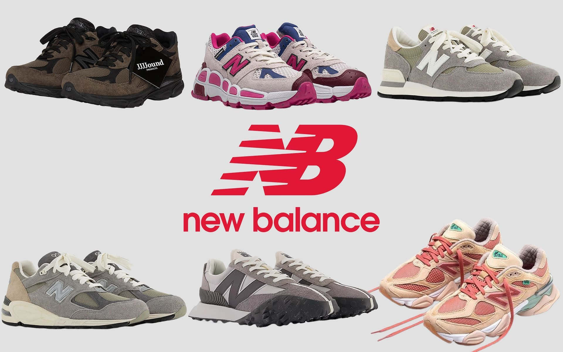 六款不同的 New Balance 運動鞋圍繞品牌標誌排列。