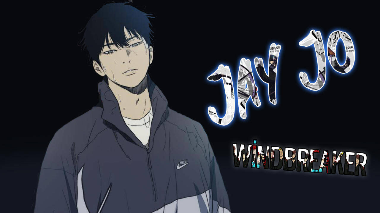 動畫角色Jay Jo穿著風衣，背後有發光文字。