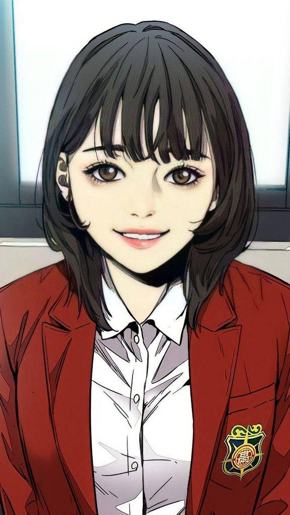 穿著紅色校服西裝外套的動漫女孩對著觀眾微笑
