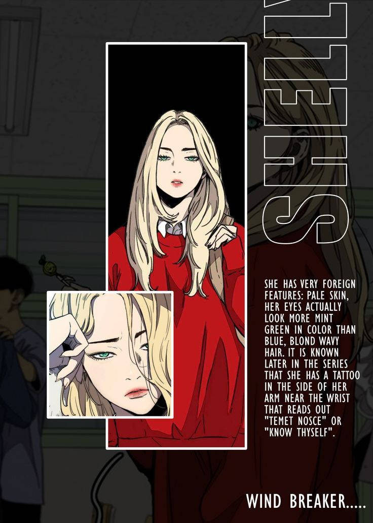 金髮綠眼的動漫女孩，穿著帶有紋身文字的紅色風衣。