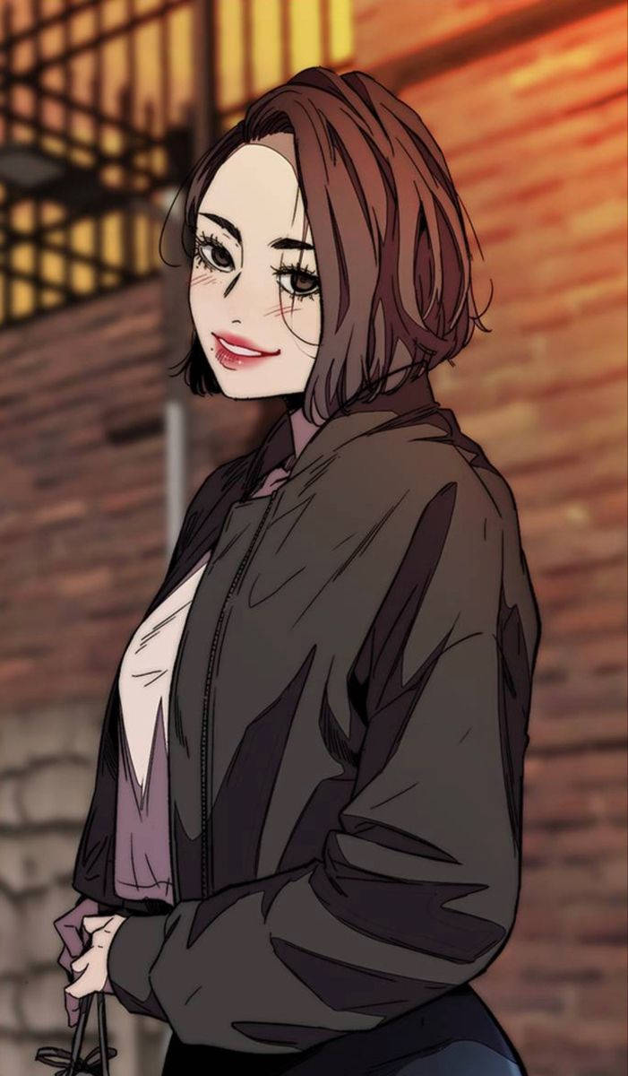 動漫女孩穿外套在磚牆前微笑於黃昏