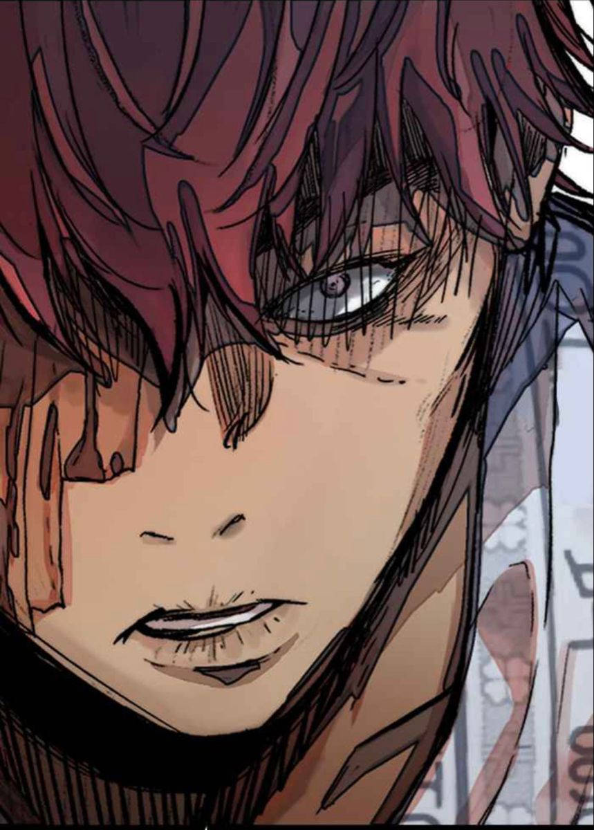 動漫男性角色，擁有強烈的灰色眼睛和凌亂的紅髮，展現決心。