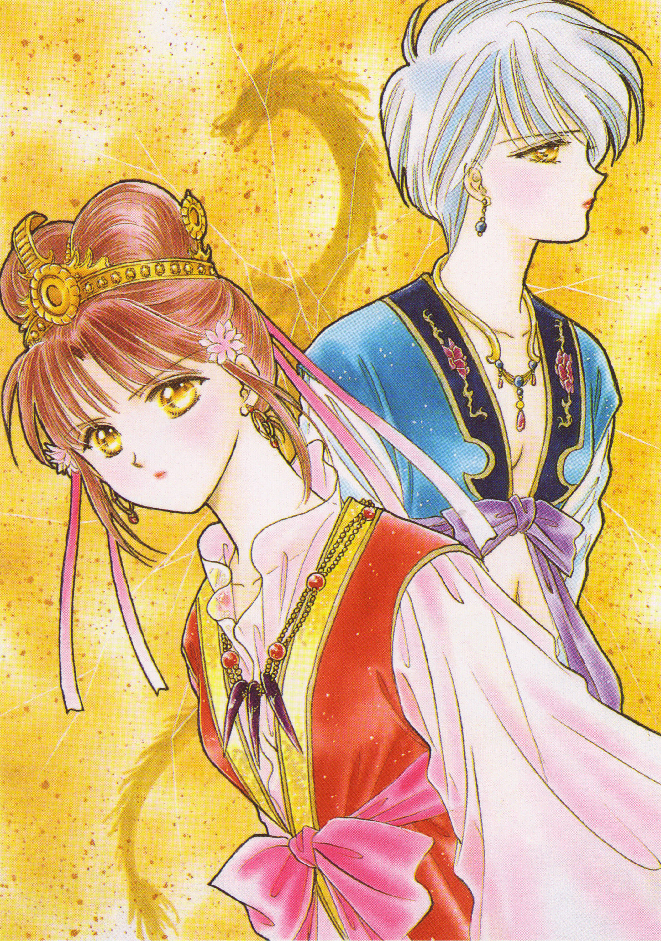 《風色幻想》朱雀與青龍祭司 壁紙 — 兩個動漫角色身穿華麗傳統服飾，站在光芒四射的金色背景前，背景有龍的剪影。