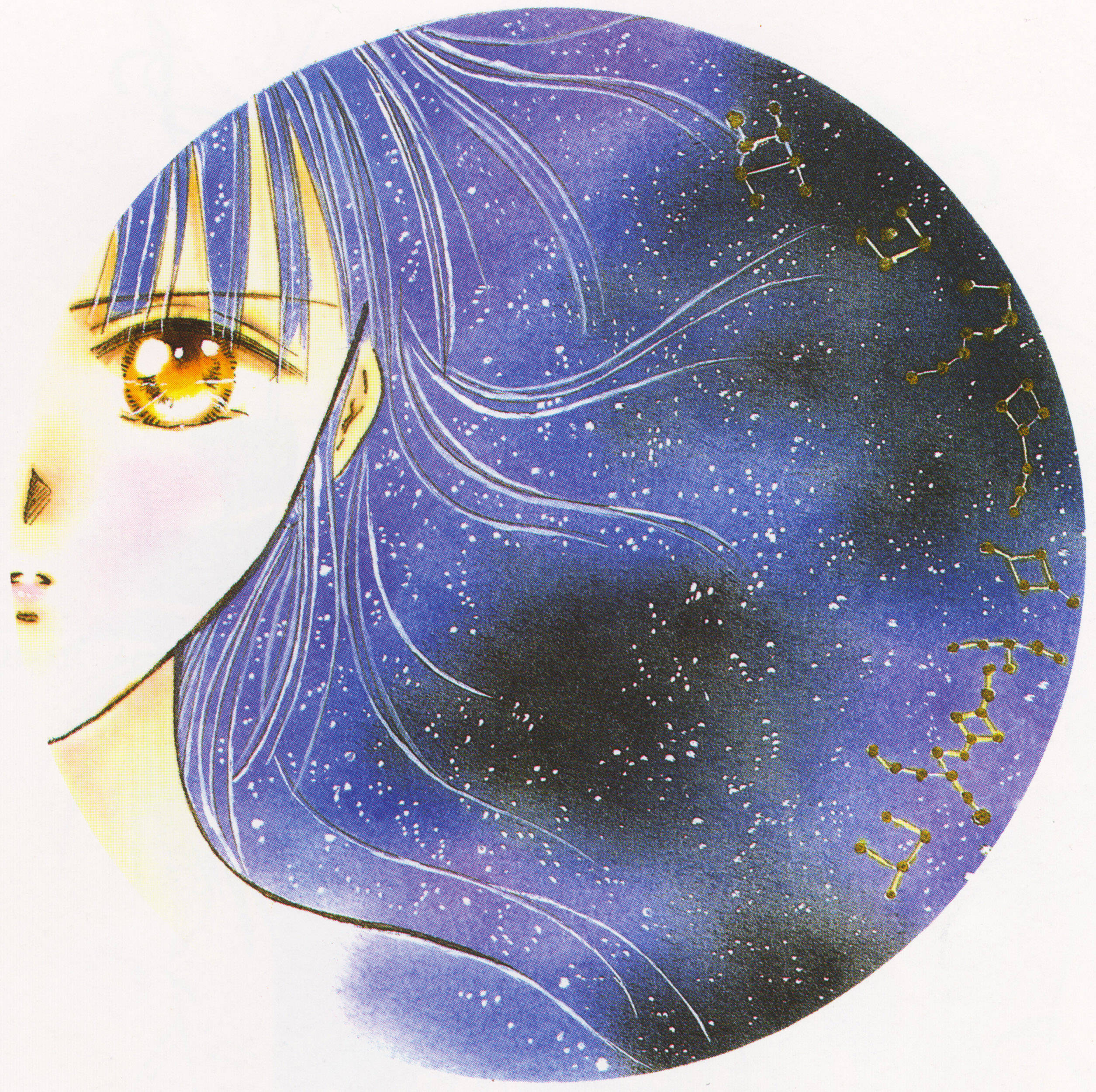 《風色幻想》葉月美佳星象圖 壁紙 — 一位寧靜的動漫女孩，擁有金色眼睛和星藍色頭髮，在星座環繞的宇宙漩渦中溫柔地凝視。
