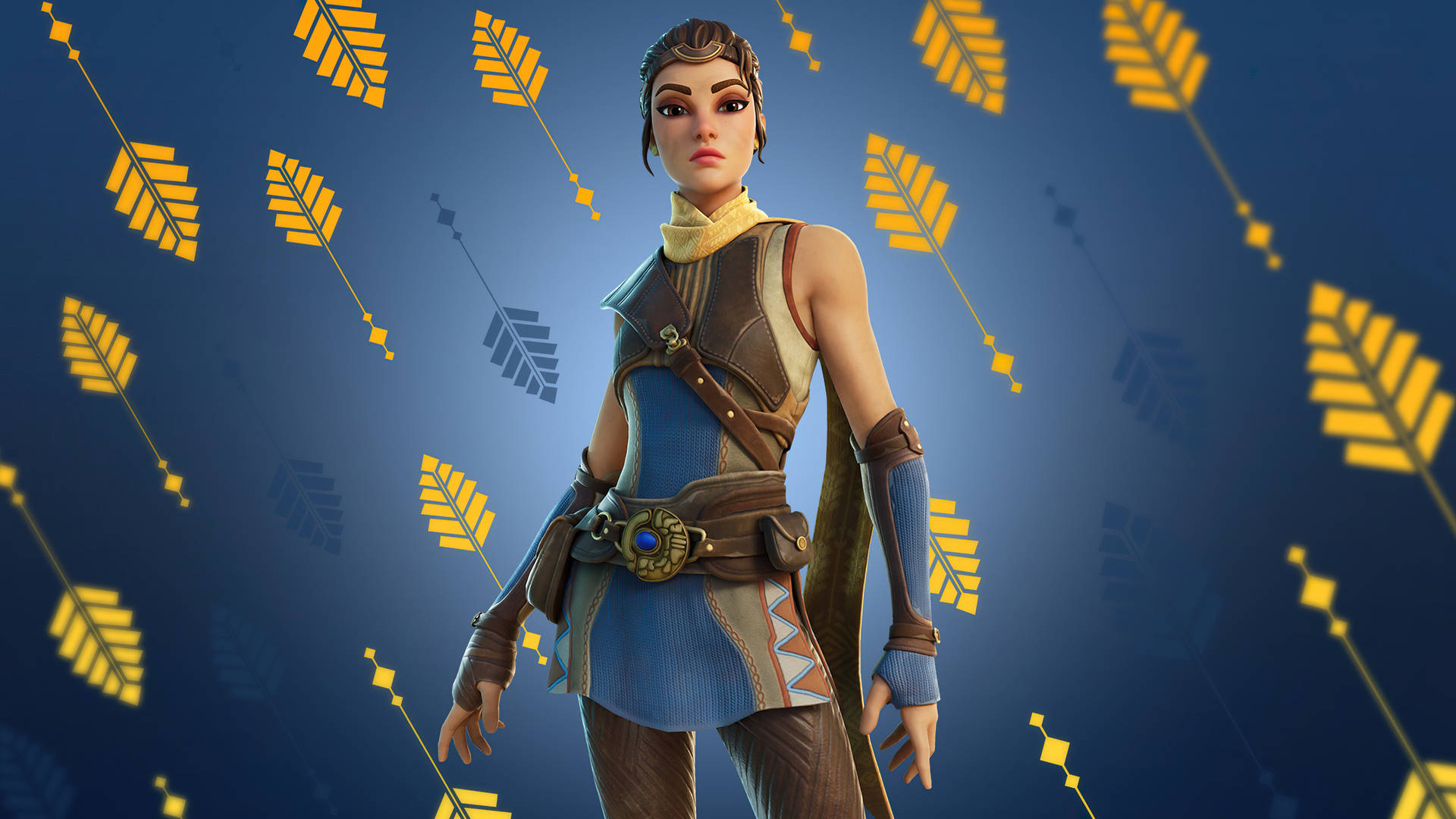 穿著藍色和棕色盔甲的Fortnite角色與漂浮箭頭