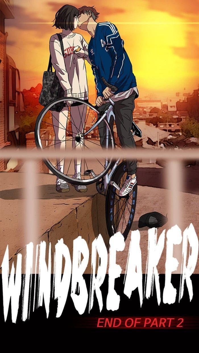 兩個動漫角色在日落時分在天台上接吻，旁邊有一輛單車。