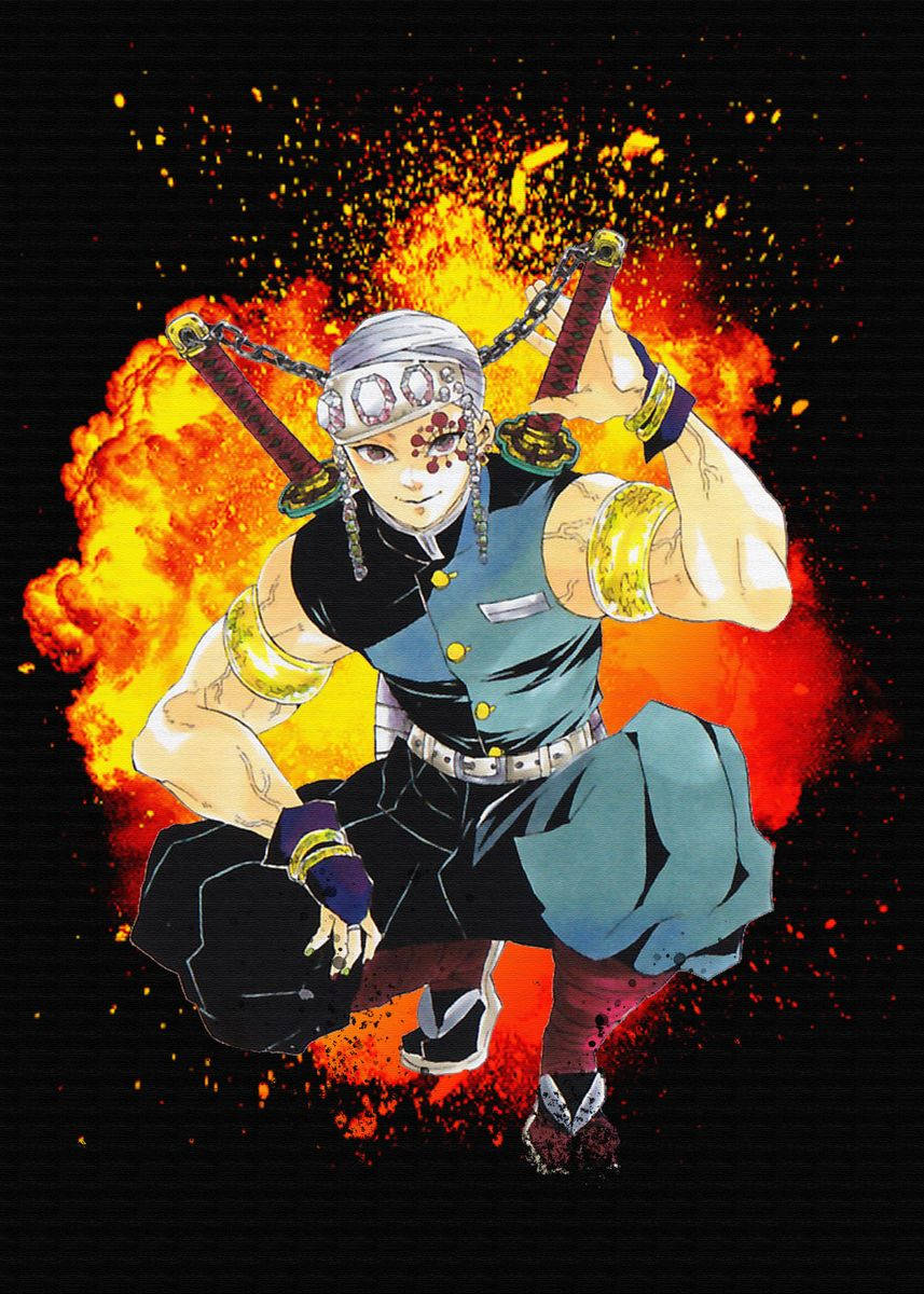 動漫戰士在火焰爆炸和血濺中持劍。