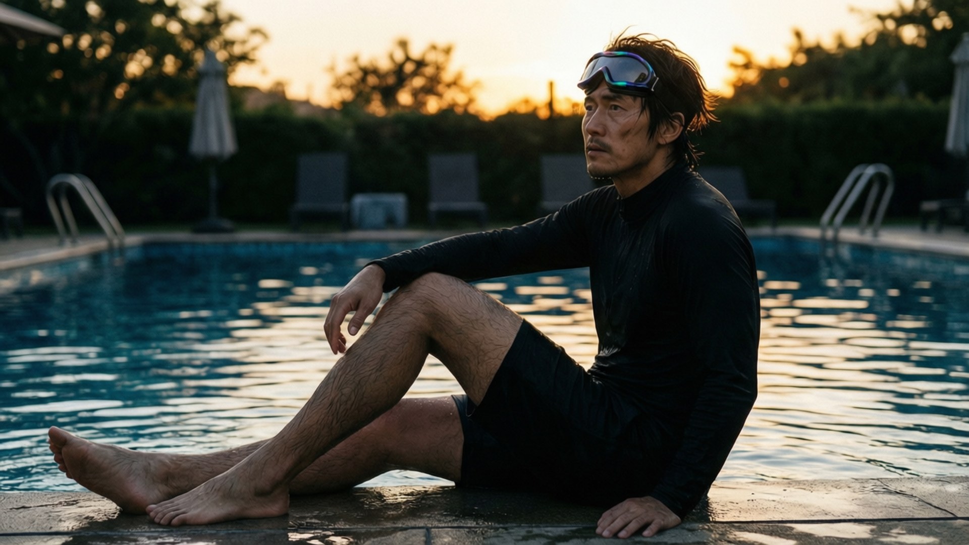 穿泳裝的男子在日落時坐在泳池邊