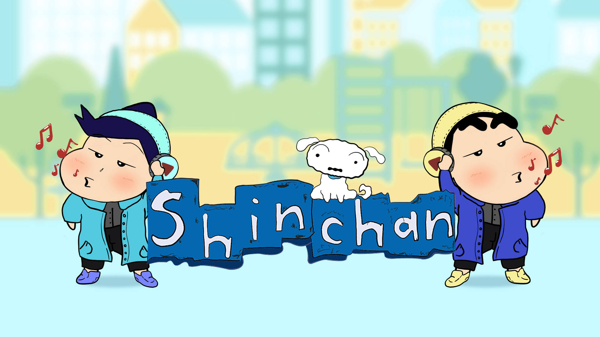 兩個男孩和一隻狗拿著一個Shinchan標誌，周圍有音符。