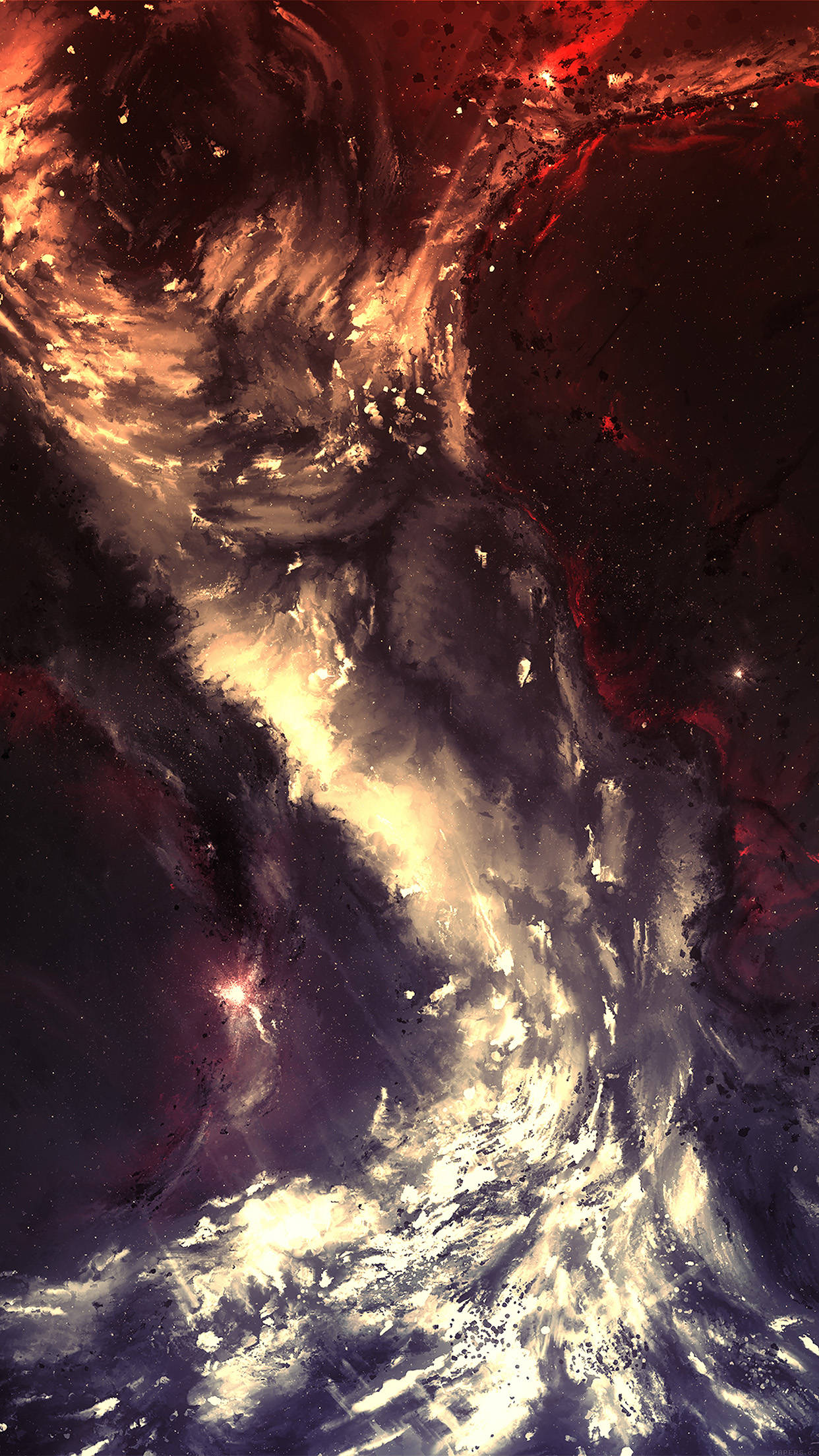 颶風抽象藝術 壁紙 — 宇宙星雲在繁星點點的虛空中旋轉，呈現火紅、金色和深紫色。