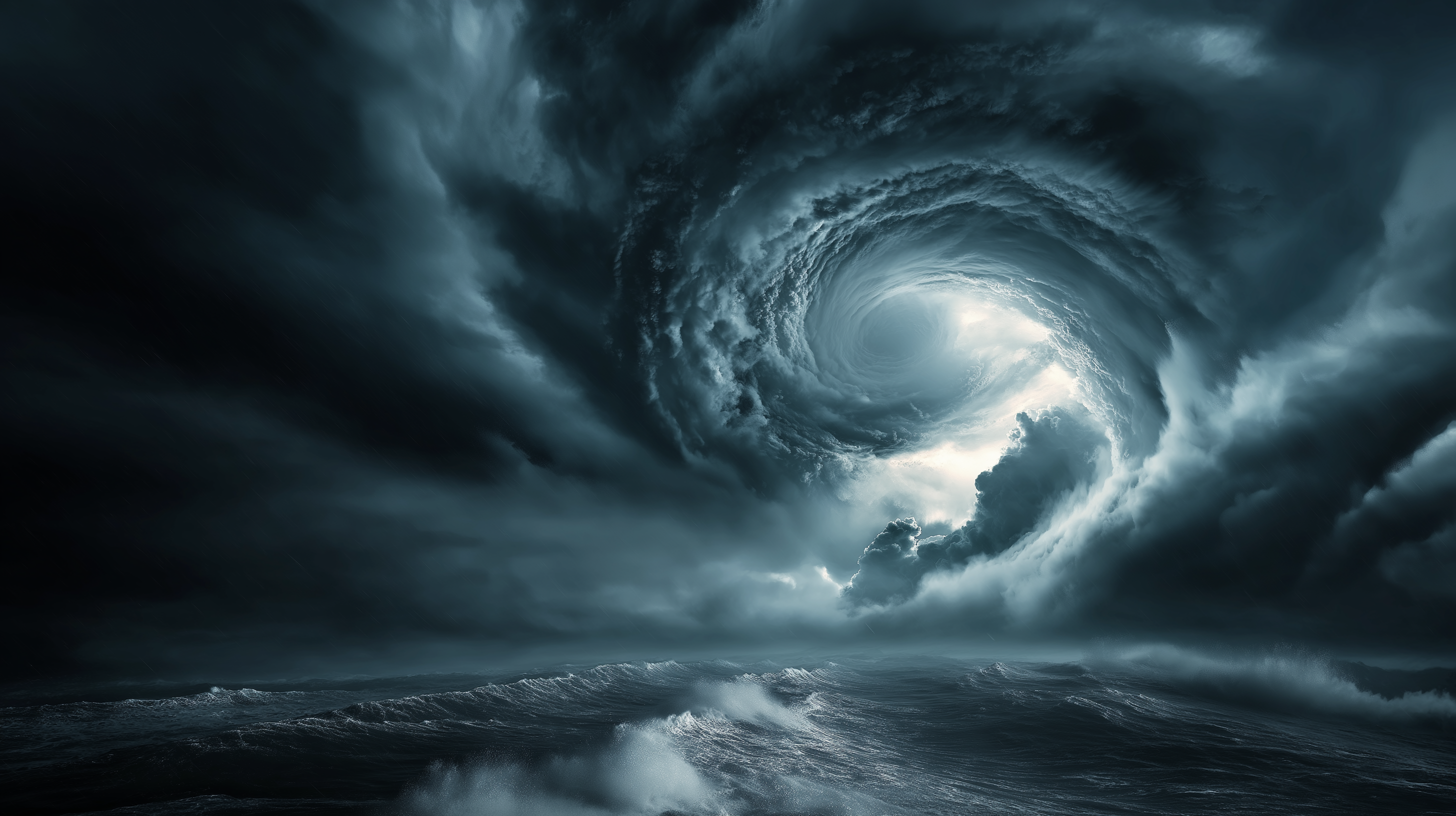 颶風逼近海岸 壁紙 — 一場巨大的風暴在頭頂盤旋，烏雲在翻騰的海浪上方螺旋狀朝向明亮的中心。