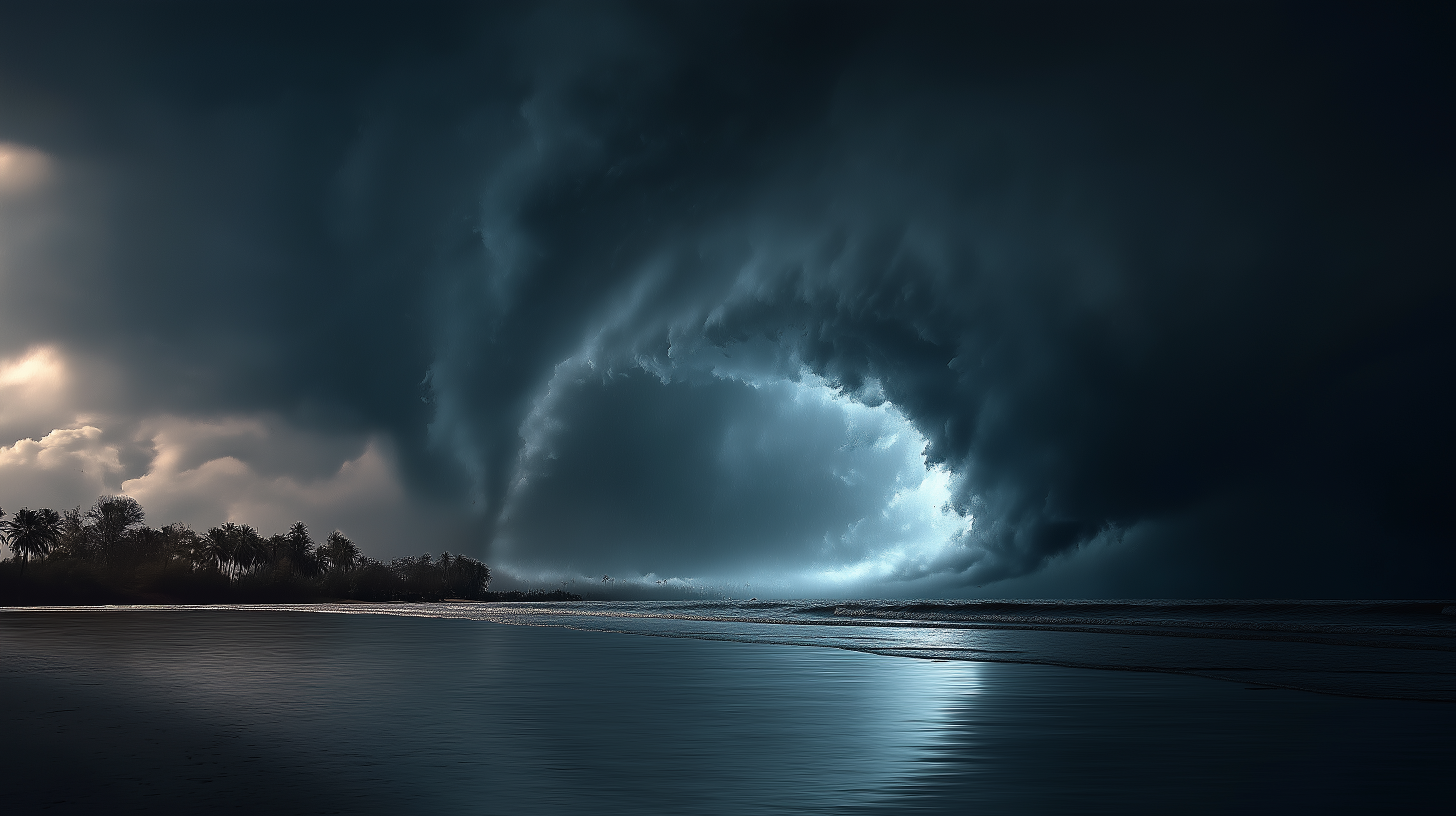 颶風逼近海岸 壁紙 — 巨大的黑暗風暴雲籠罩在平靜的海灘上，棕櫚樹在穿透的發光藍光中形成剪影。