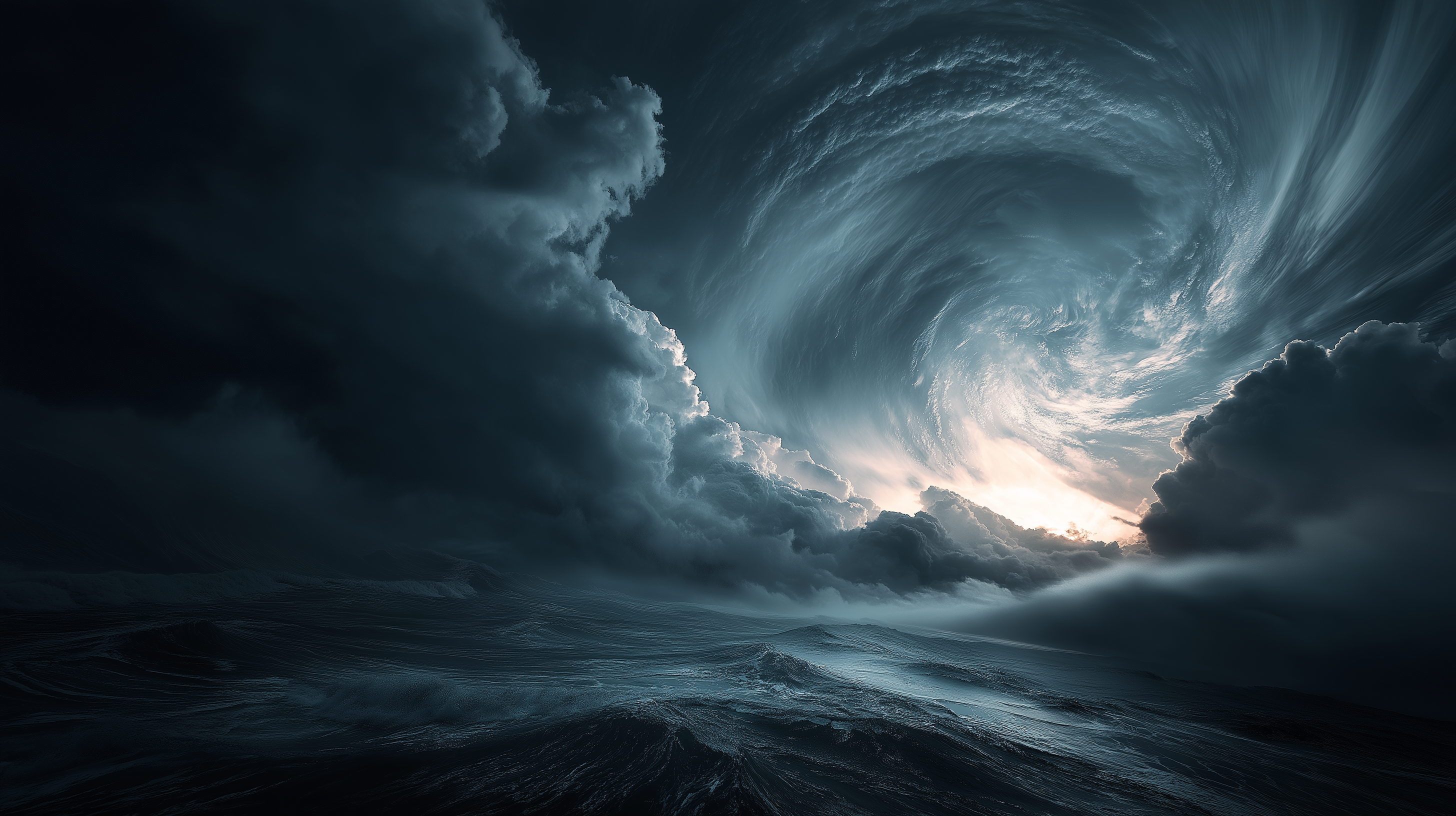颶風逼近海岸 壁紙 — 在黑暗雲層旋轉的漩渦下，一道發光的光芒穿透的戲劇性暴風雨海洋。