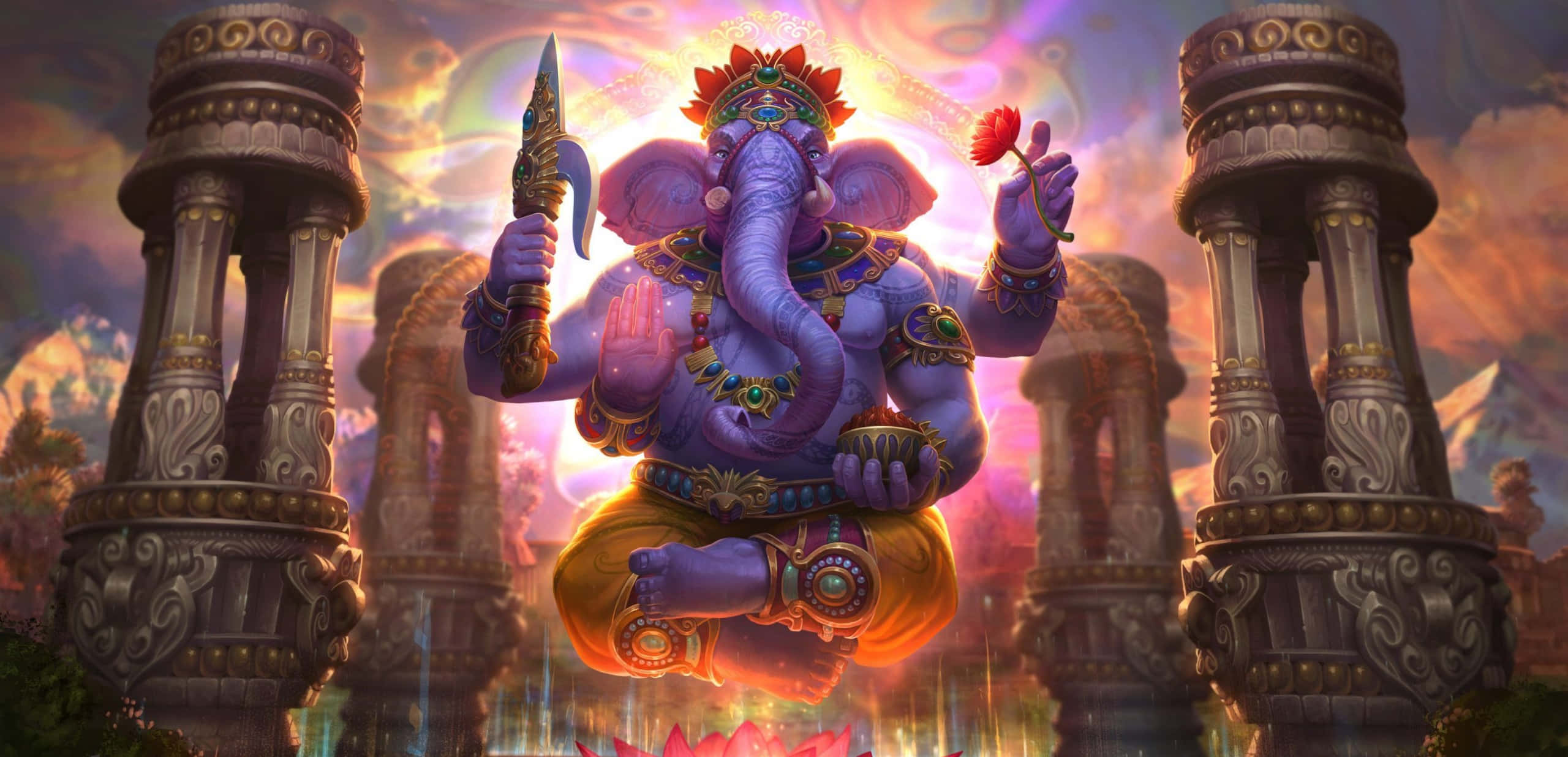 飄浮動畫 Ganpati Bappa 圖像 壁紙 — 一尊莊嚴的紫色象頭神盤腿坐在蓮花寶座上，位於華麗的柱子之間，在光芒四射的宇宙天空下。