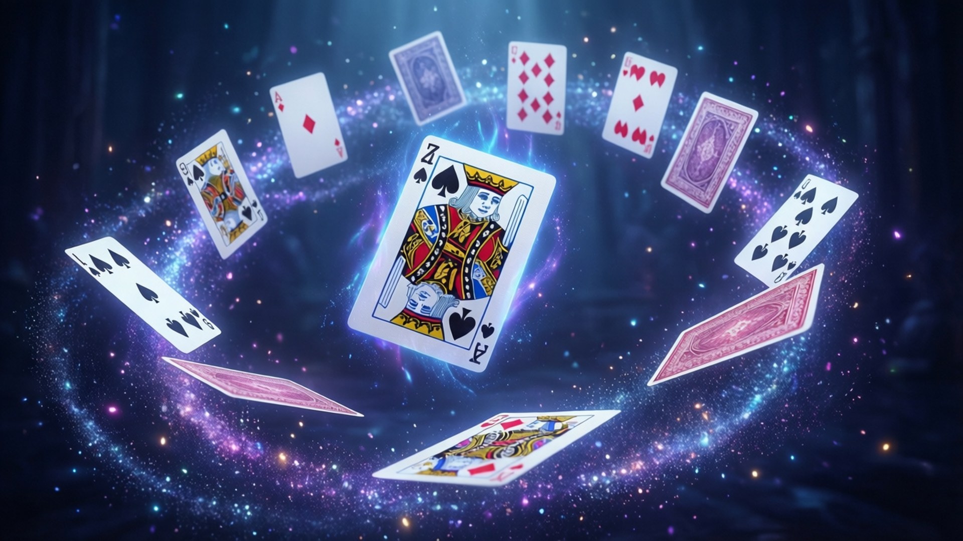 漂浮的撲克牌在紫色和藍色星星的充滿活力的宇宙漩渦中
