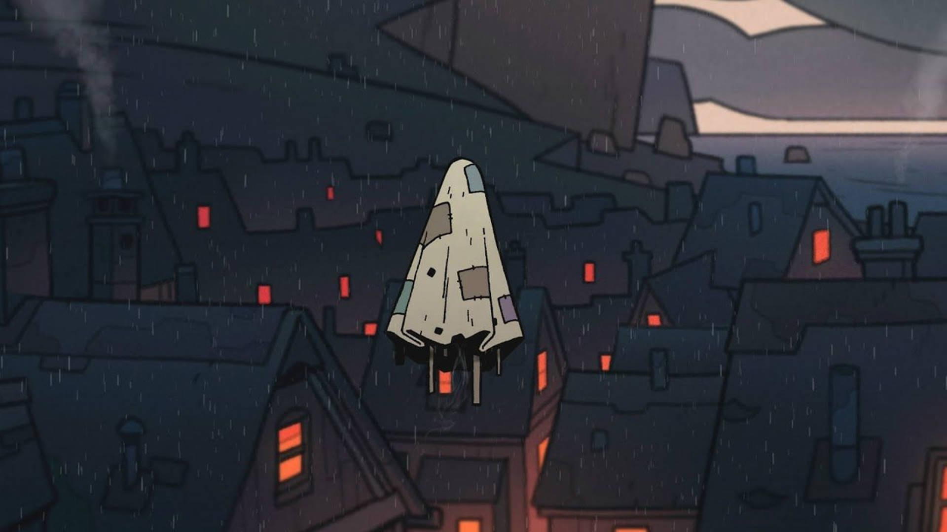 一艘太空船在夜晚懸浮於下雨的城市上空，窗戶閃爍著光芒。