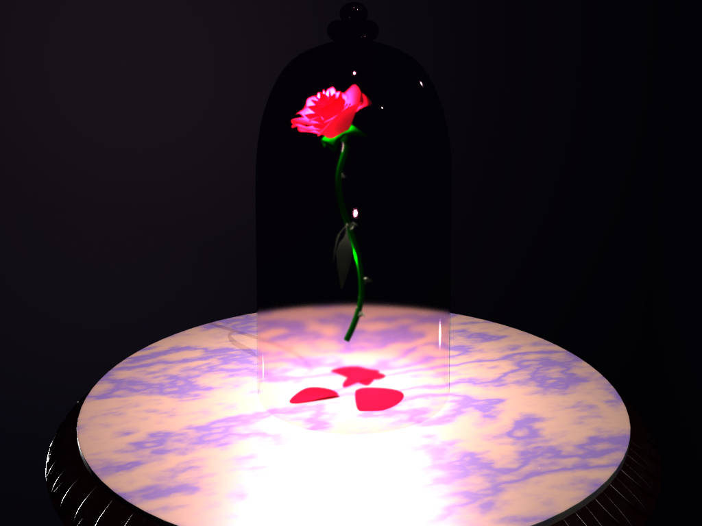 玻璃罩下的大理石桌上，一朵發光的粉紅玫瑰與落花瓣。 — 美女與野獸 GIF 壁紙