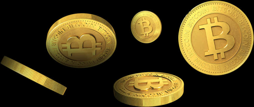 飄浮的金色比特幣硬幣 壁紙 — 閃亮的金色比特幣硬幣在純黑背景上漂浮並堆疊，帶有發光高光。