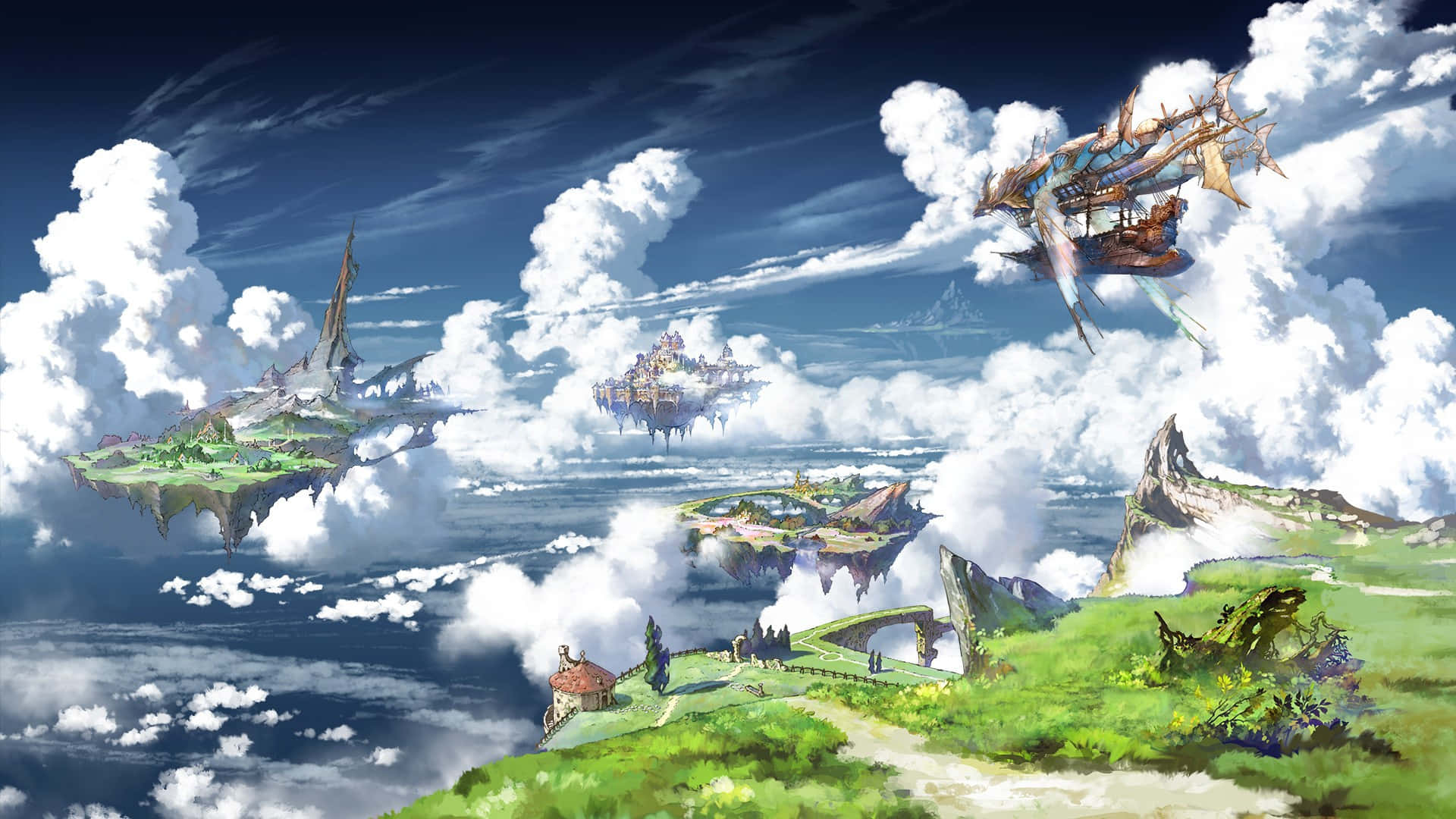 飄浮陸地的魔法背景 壁紙 — 浮島上建有城堡，一艘飛船在蓬鬆雲朵上方翱翔於充滿活力的奇幻天空。