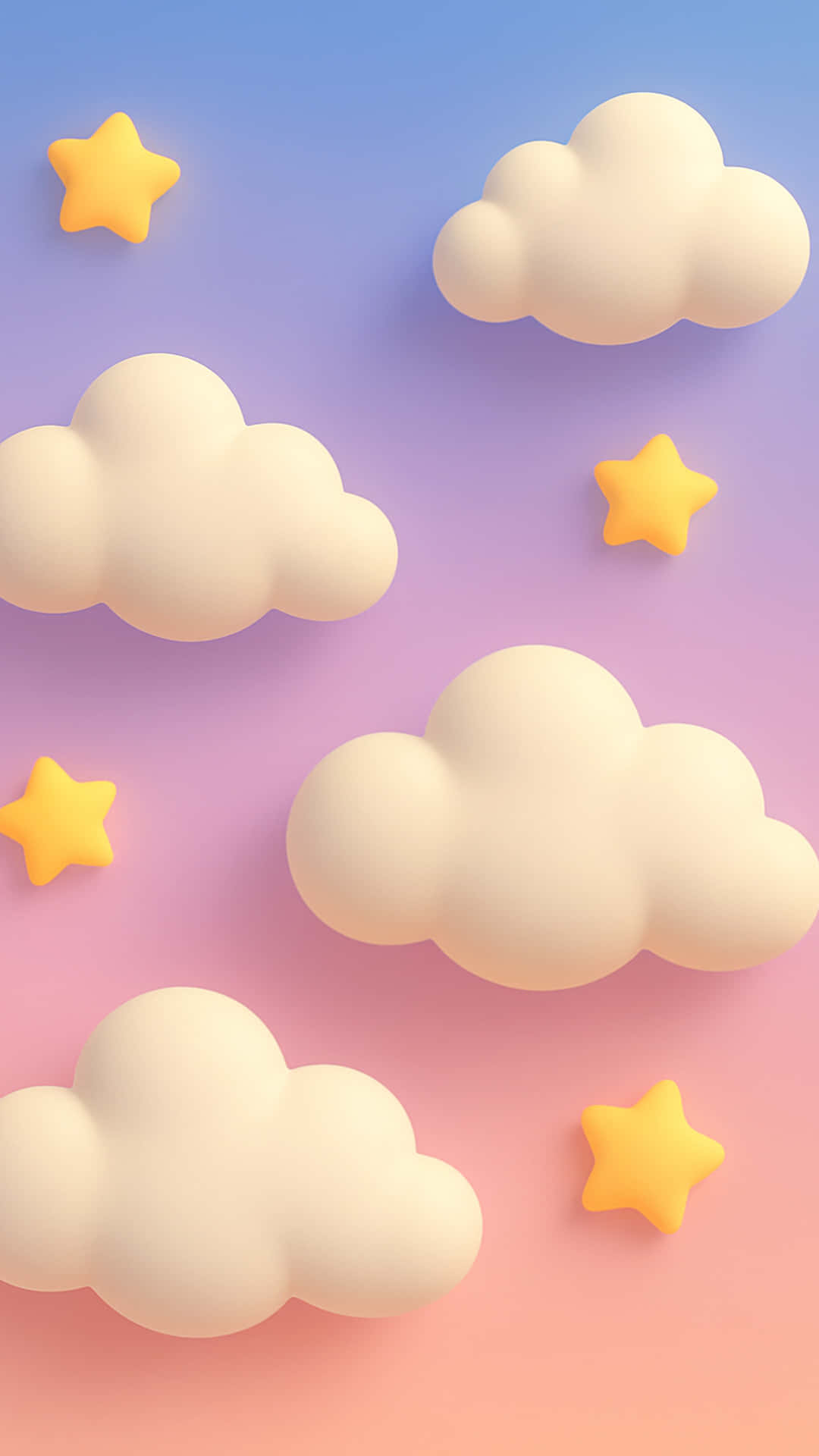 飄浮雲朵與星星 壁紙 — 柔軟的3D雲朵和黃色星星漂浮在從藍色漸變到粉紅色的柔和漸變天空上。