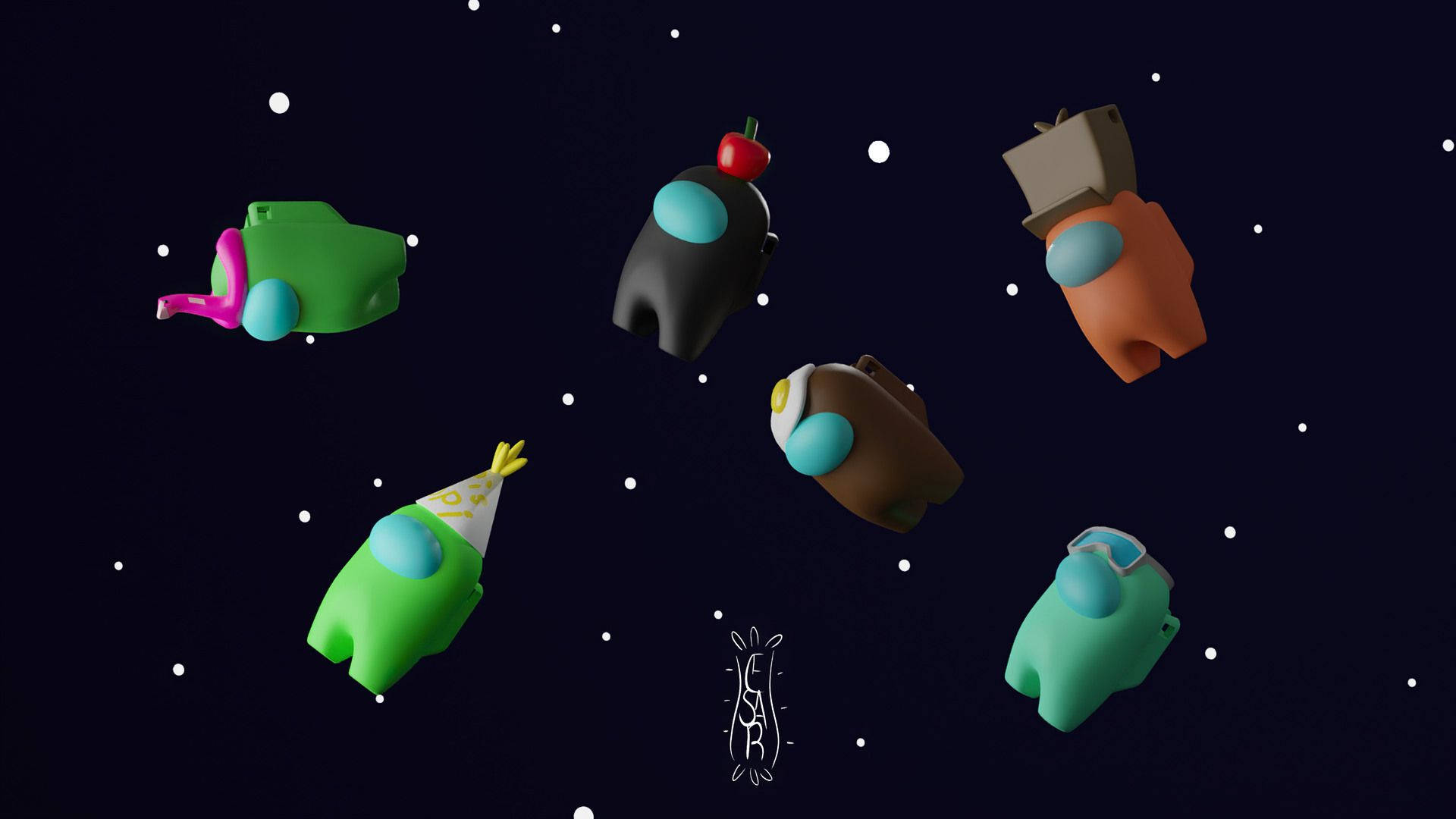 六個Among Us角色在星空夜空中漂浮。 — 美學版 among US GIF 壁紙