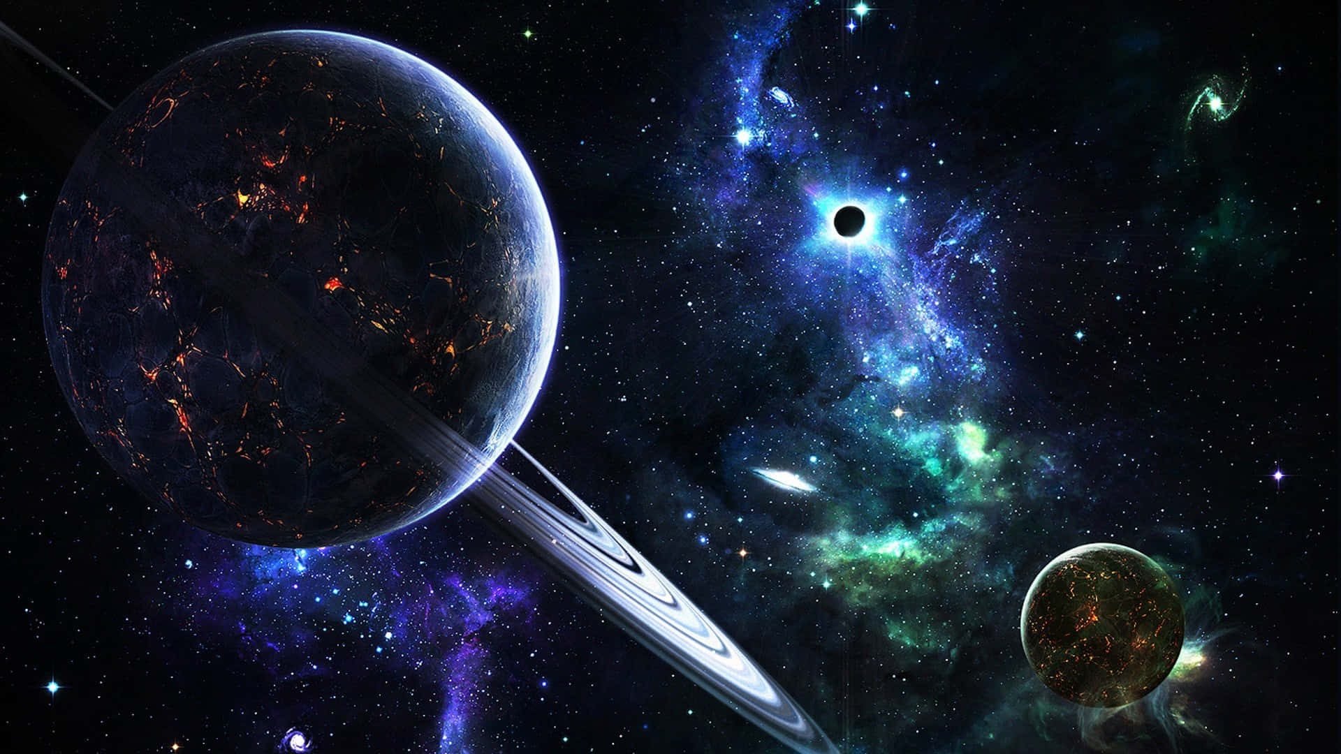 一顆帶光環的行星，在充滿星星的彩色星雲中有發光的熔岩流。