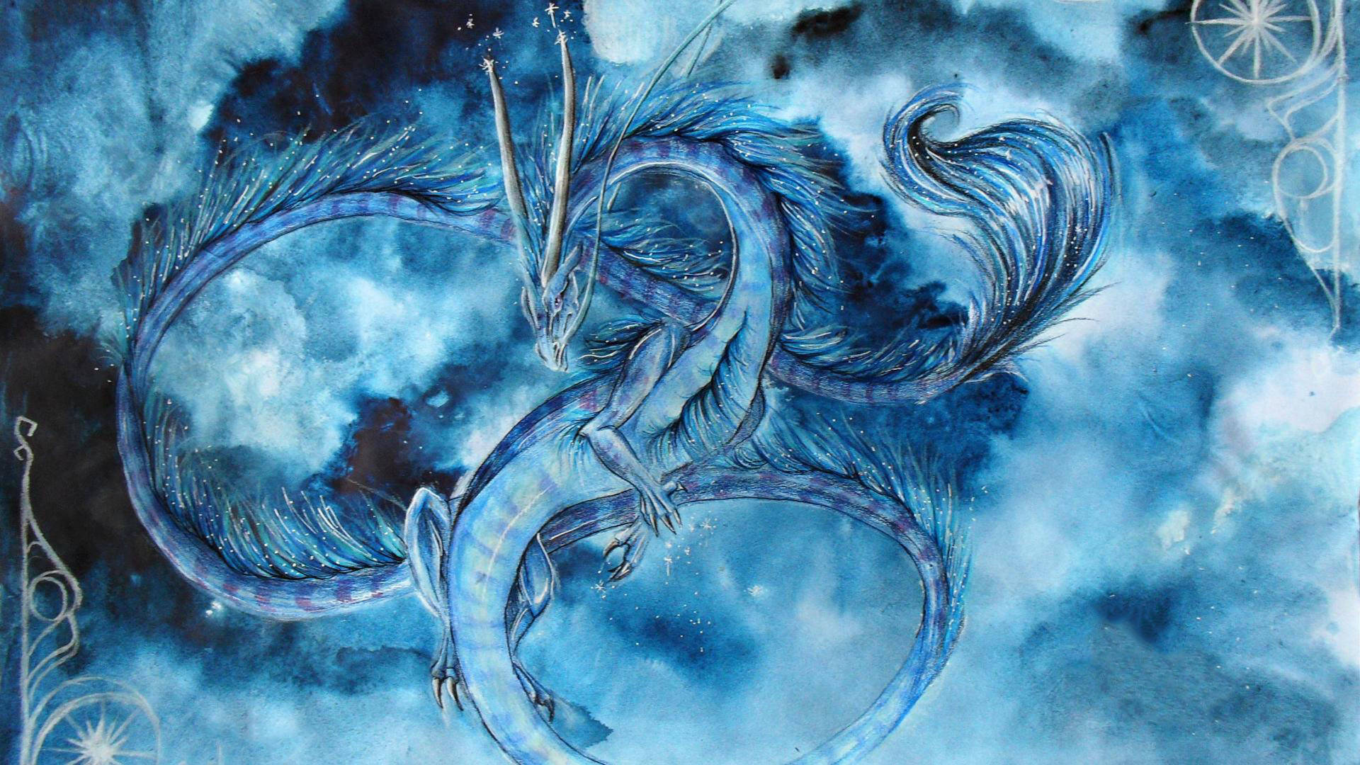 飄渺冰龍 壁紙 — 一條雄偉的藍龍在星空下優雅地盤旋於旋轉的宇宙雲層中。