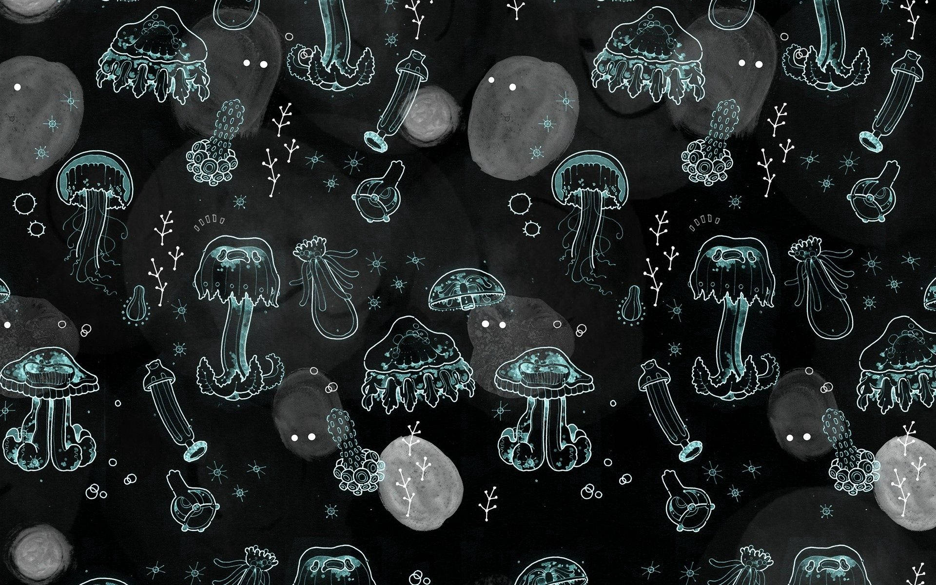 青綠色發光的水母和海洋生物漂浮在深色抽象水下圖案中。