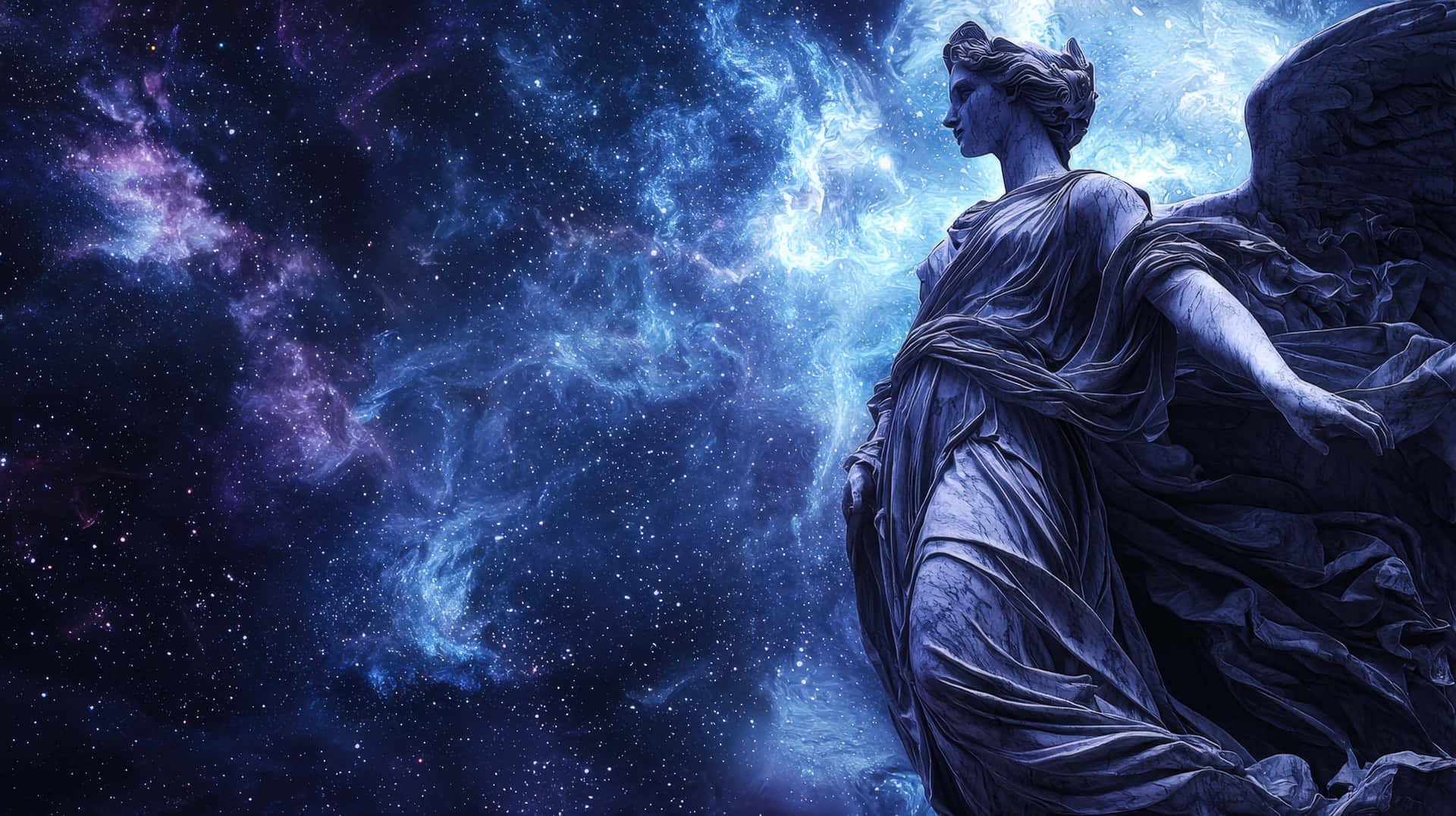 石天使雕像有翅膀，背景是星光宇宙星雲