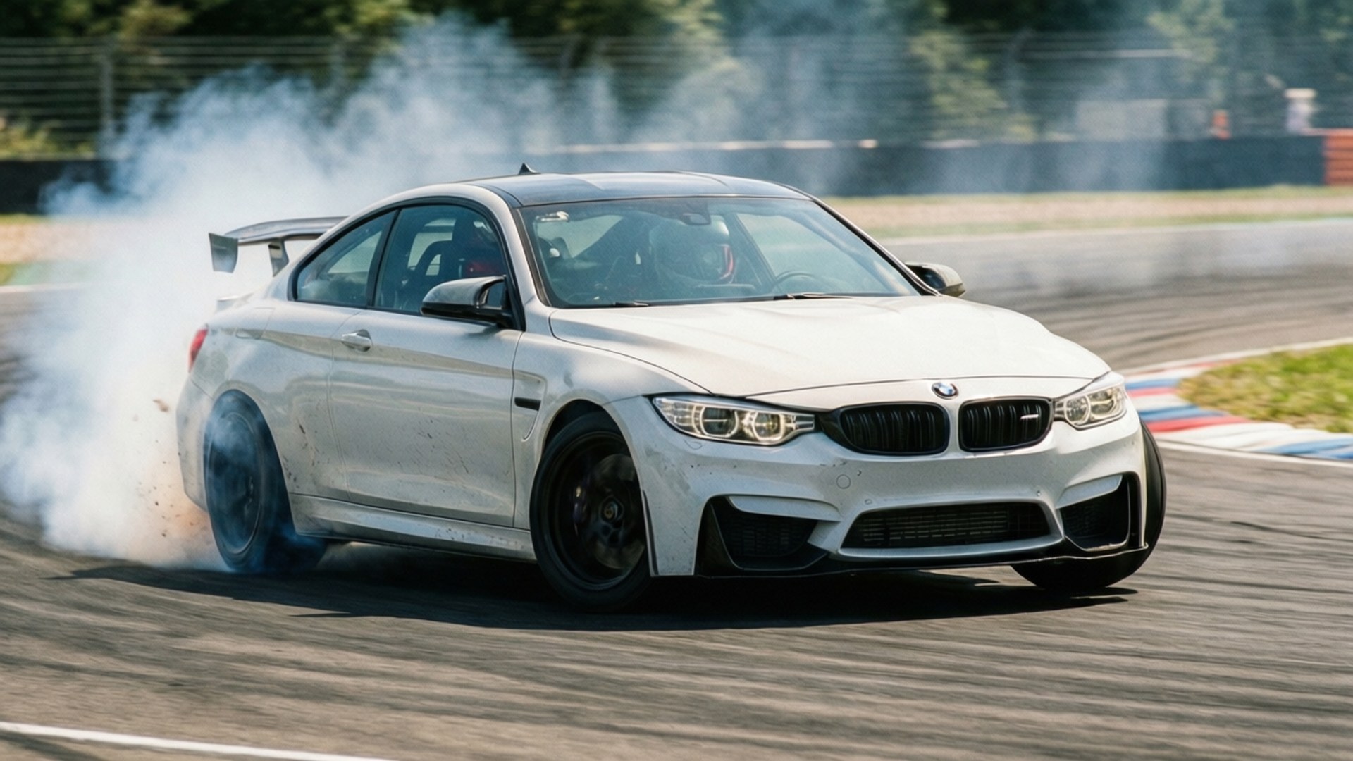 飄移之王 壁紙 — 一輛白色BMW M4在賽道上激進地飄移，後輪胎冒出濃煙。