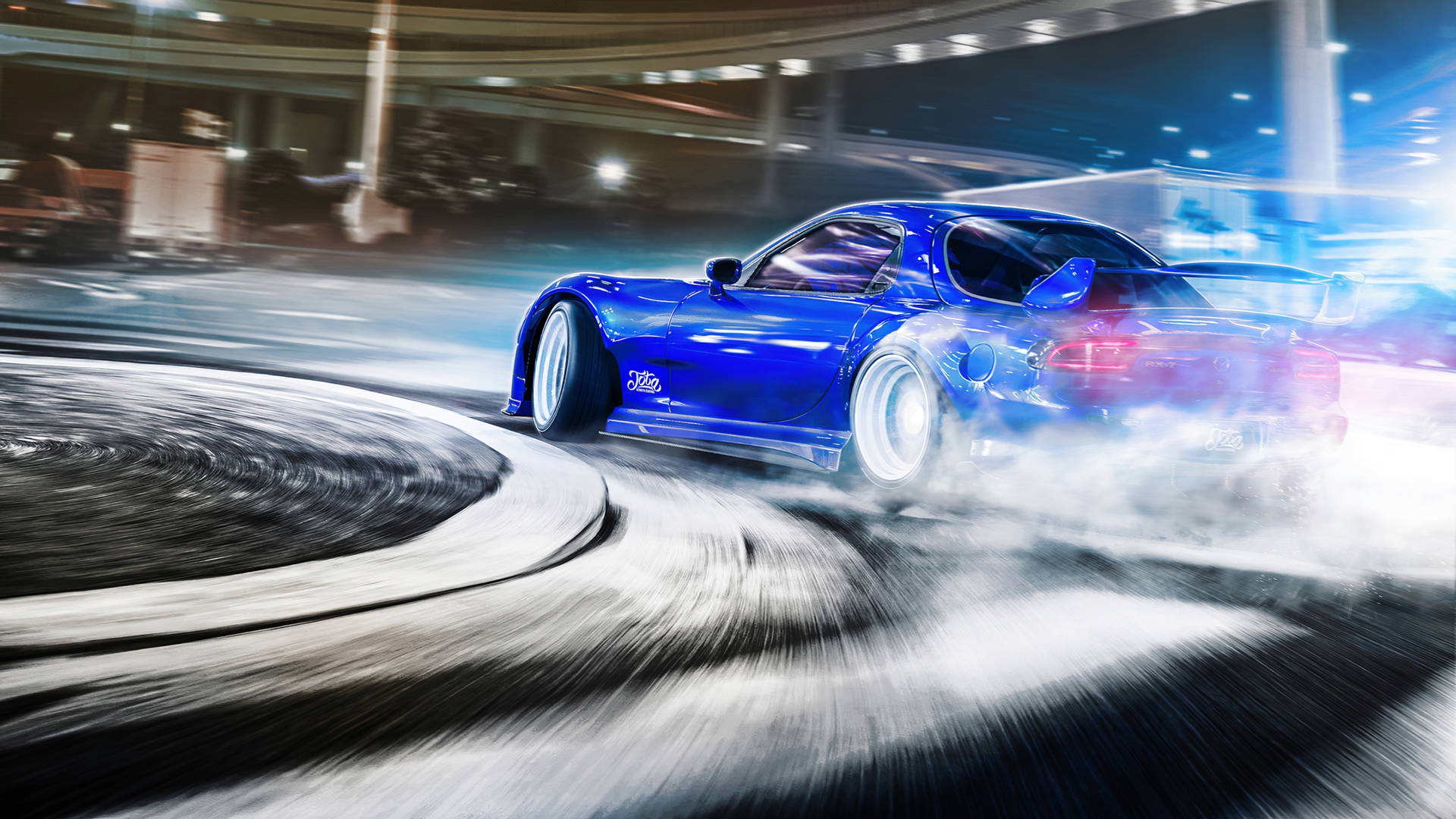 藍色跑車在夜間賽道上飄移，帶有動態模糊和輪胎煙霧。