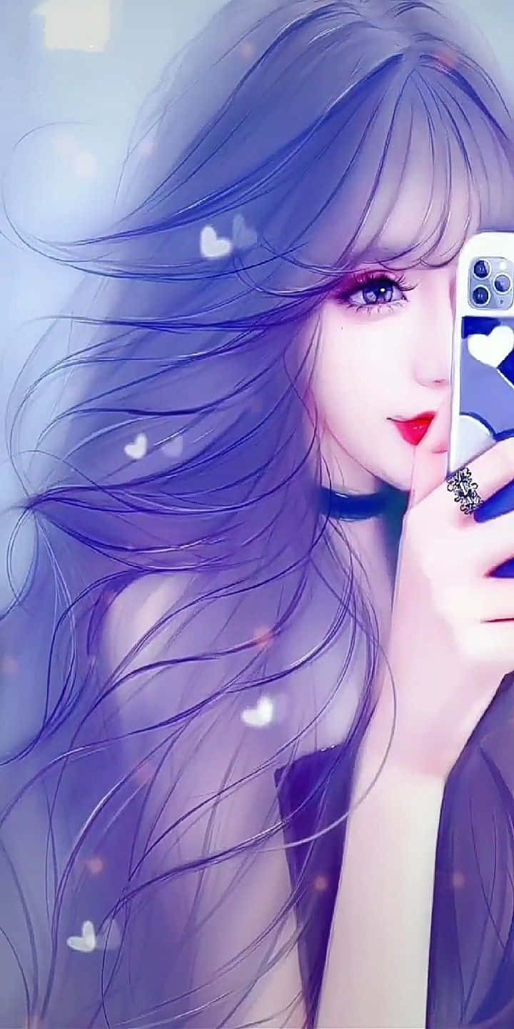 紫髮動漫女孩與漂浮愛心自拍。