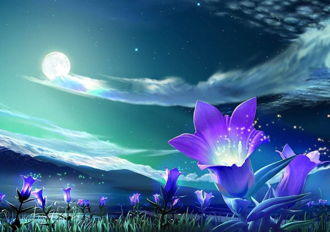 月光照耀的天空下，發光的紫色花朵與極光和星星。