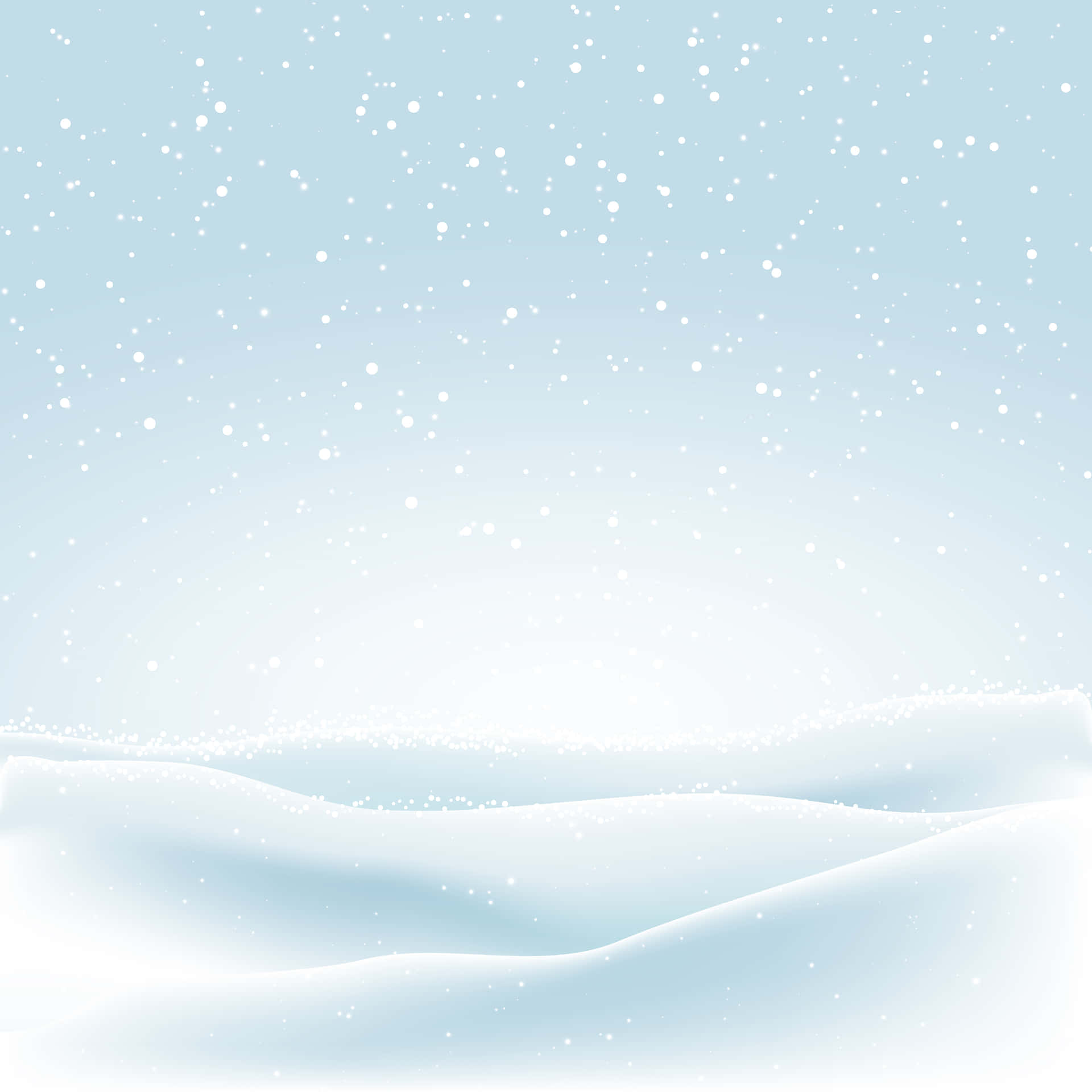 飄雪的雪景 壁紙 — 柔軟的白雪覆蓋著起伏的山丘，在淡藍色的天空下，輕柔的雪花在寧靜的冬日中飄落。