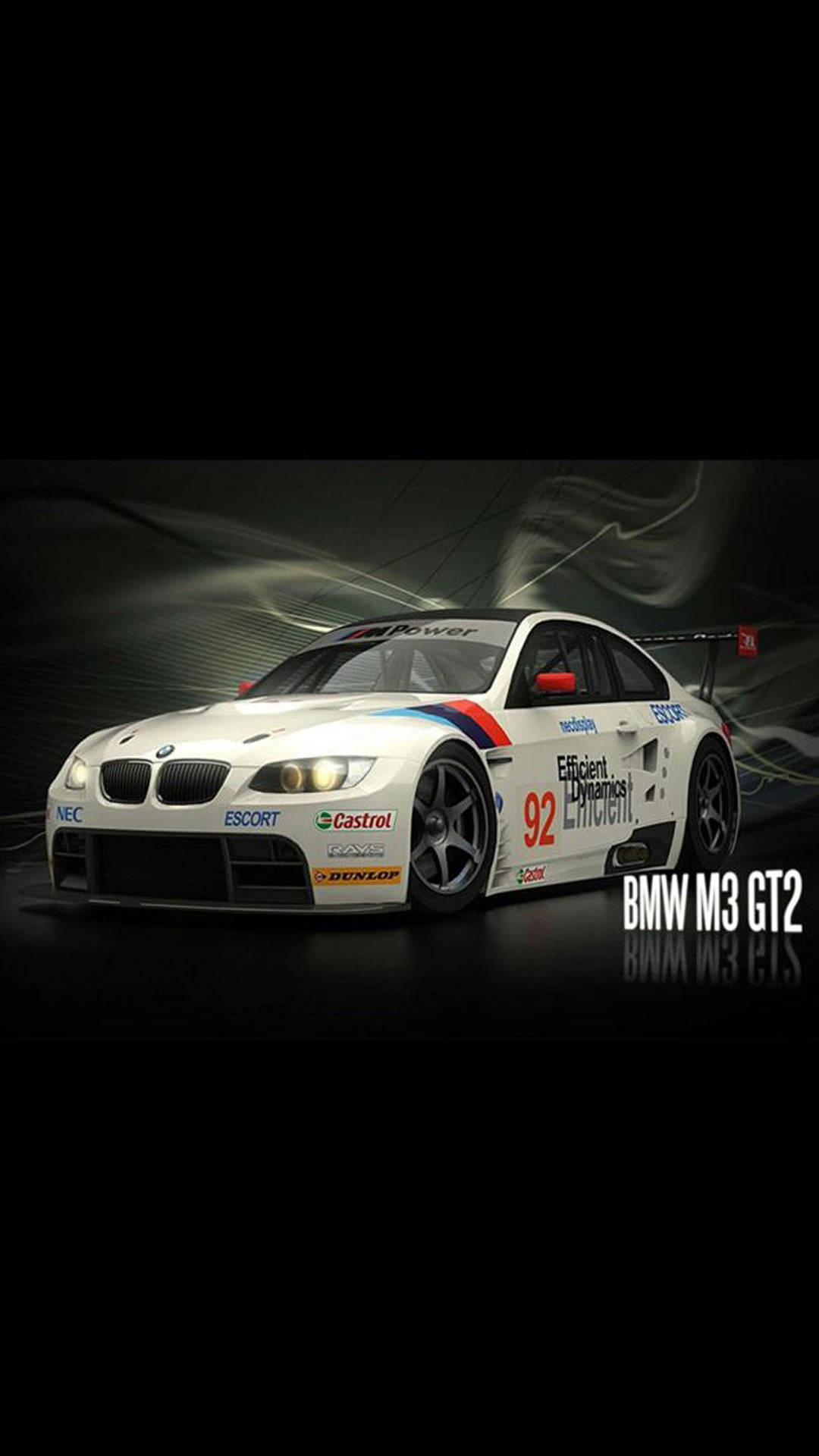 白色BMW M3 GT2賽車，帶有贊助商標誌和發光車頭燈，在黑暗抽象背景上。