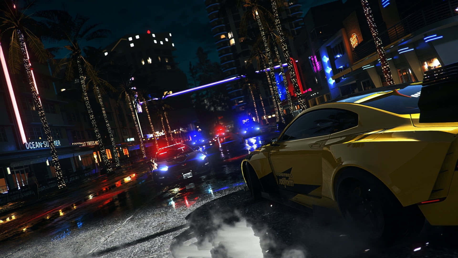 飆速快感熱力追緝 PC 壁紙 — 一輛黃色跑車在夜間濕滑的城市街道上飄移，霓虹燈光反射在濕漉漉的路面上。