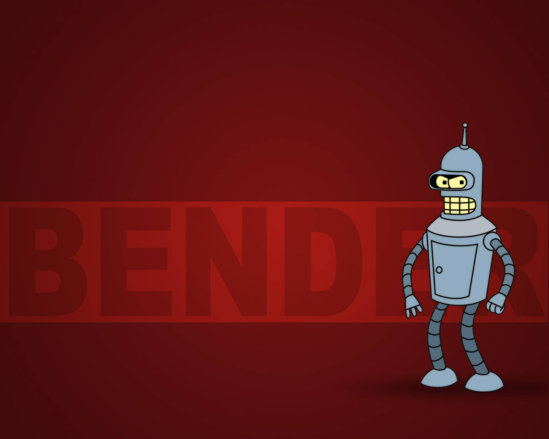 《飛出個未來》Bender 紅色海報 壁紙 — 一個咧嘴笑的卡通機械人站在深紅色背景上，背景隱約可見BENDER字樣。